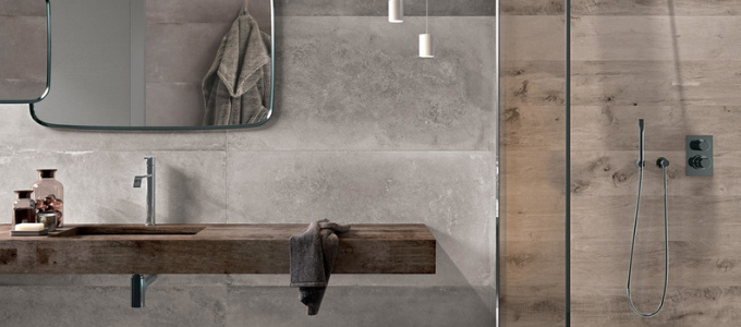 badkamertegels wand houtlook en betonlook