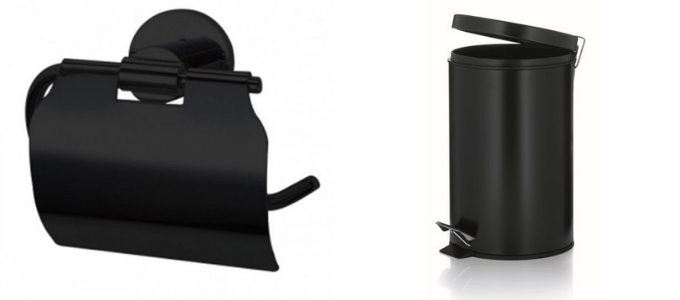 mat zwarte toilethouder en afvalemmer