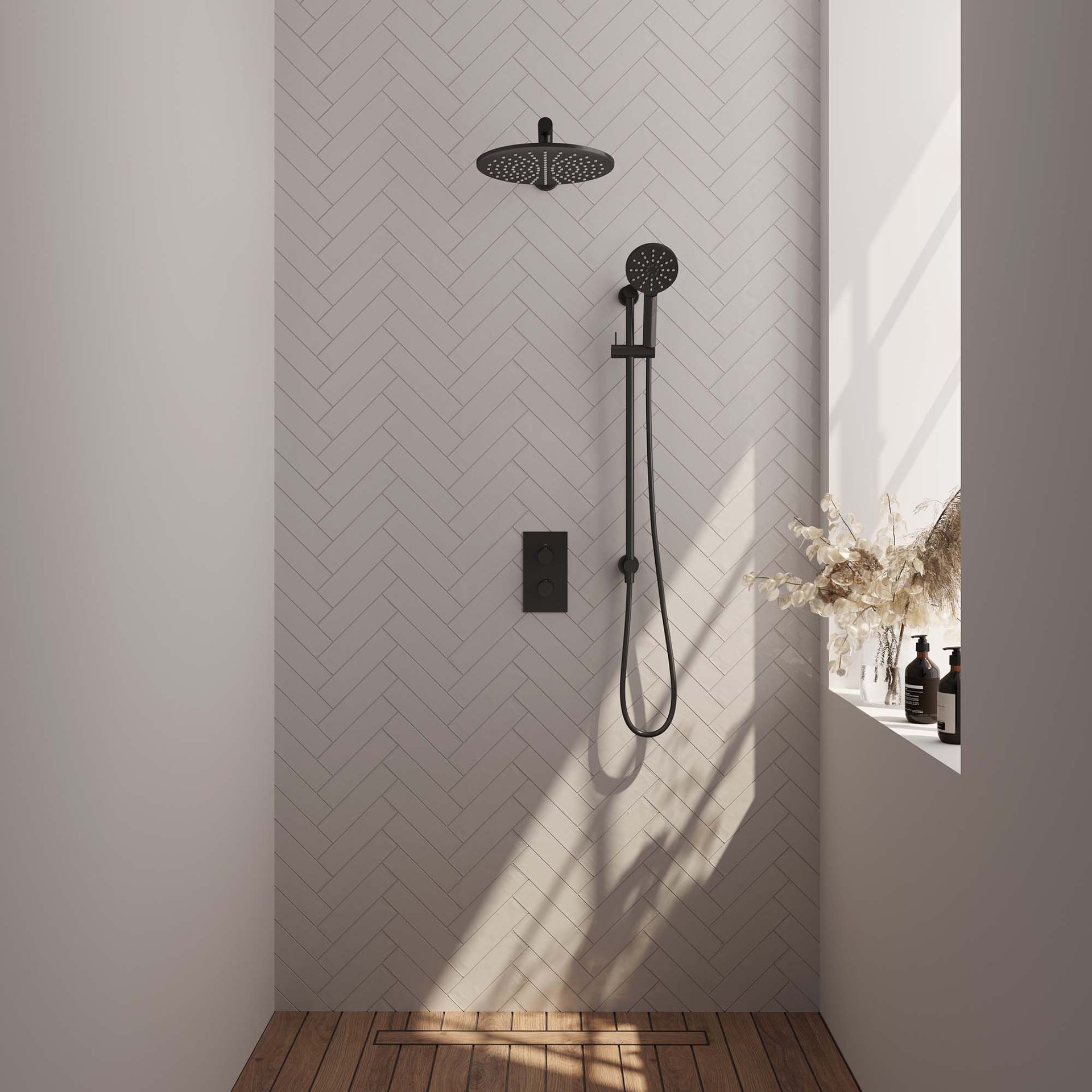 BRAUER Black Carving thermostatische inbouw regendouche 3-weg rechthoekig SET 44 met 30 cm douchekop en rechte muurarm en 3-standen handdouche en doucheslang en geïntegreerde glijstang mat zwart