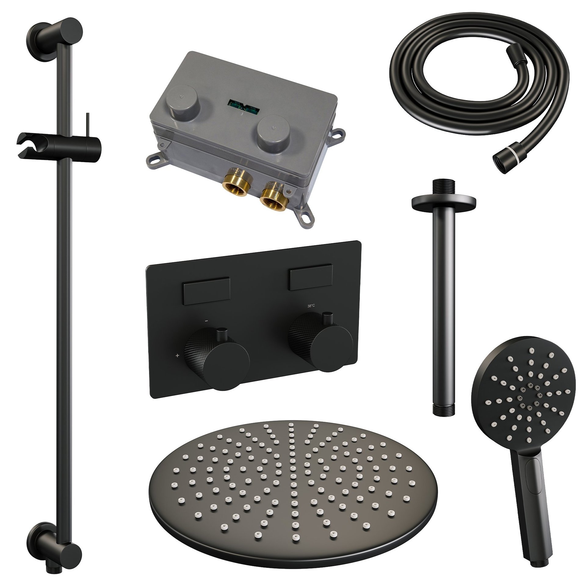 BRAUER Black Carving thermostatische inbouw regendouche met drukknoppen SET 72 met 30 cm douchekop en plafondarm en 3-standen handdouche en doucheslang en geïntegreerde glijstang mat zwart