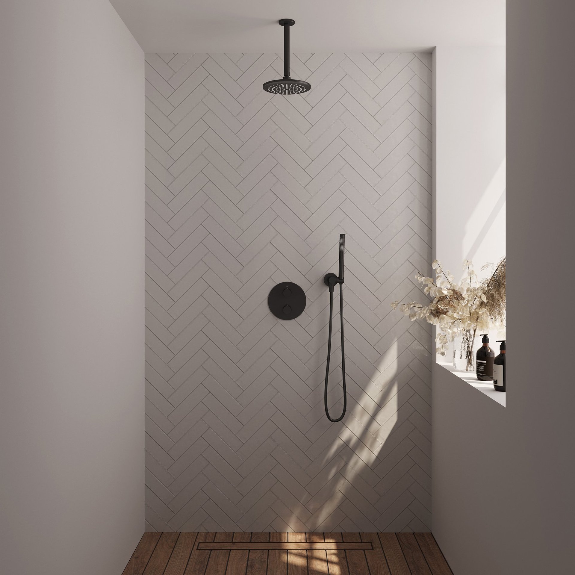 BRAUER Black Carving thermostatische inbouw regendouche 3-weg rond SET 77 met 20 cm douchekop en plafondarm en staaf handdouche en doucheslang en wandaansluitbocht mat zwart
