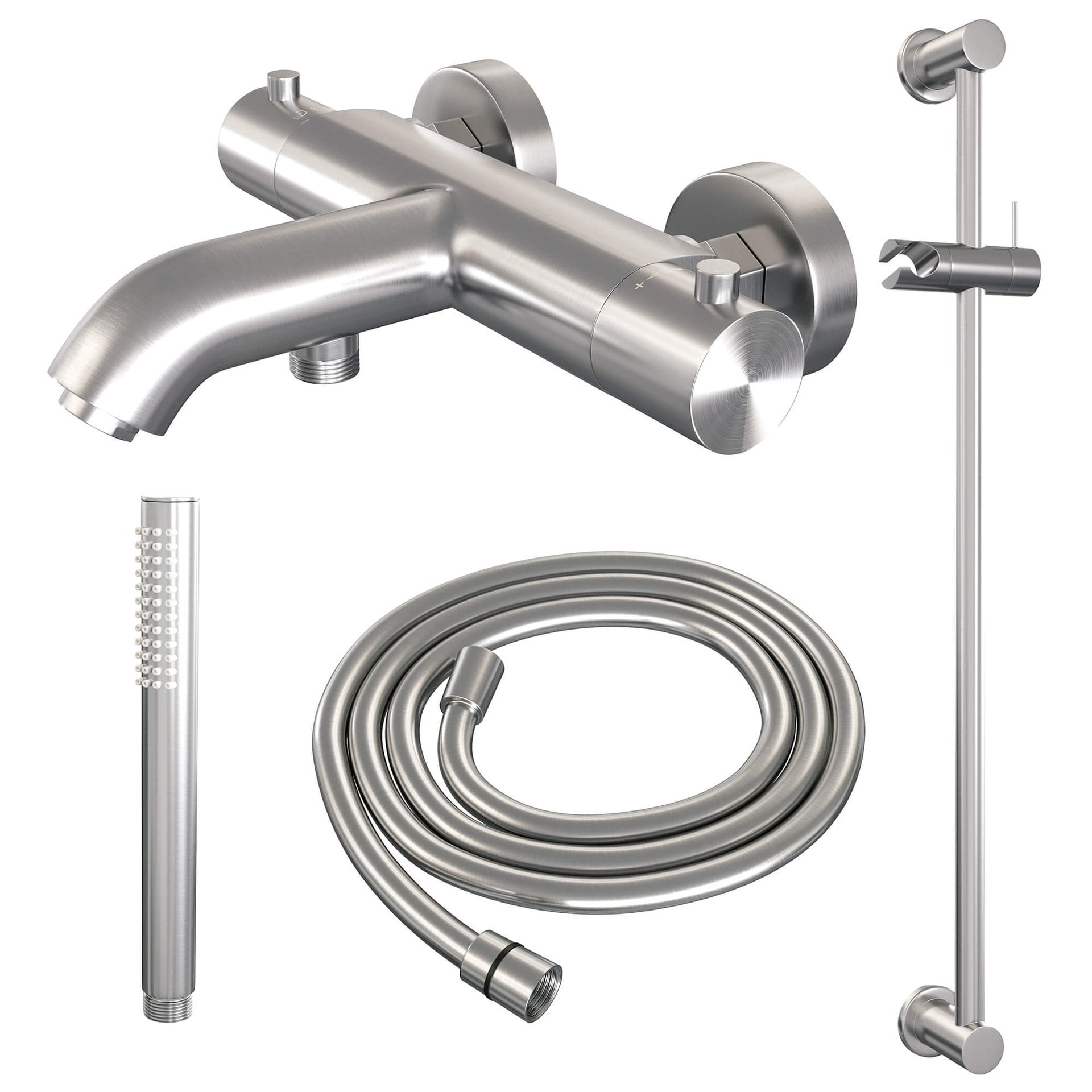 BRAUER Brushed Edition opbouw baddouche thermostaatkraan SET 01 met glijstang en staaf handdouche en doucheslang RVS geborsteld PVD