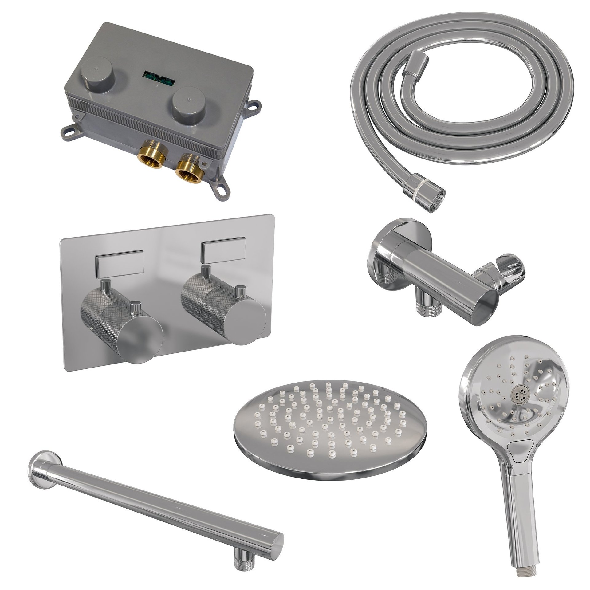 BRAUER Chrome Carving thermostatische inbouw regendouche met drukknoppen SET 55 met 20 cm douchekop en rechte muurarm en 3-standen handdouche en doucheslang en wandaansluitbocht chroom
