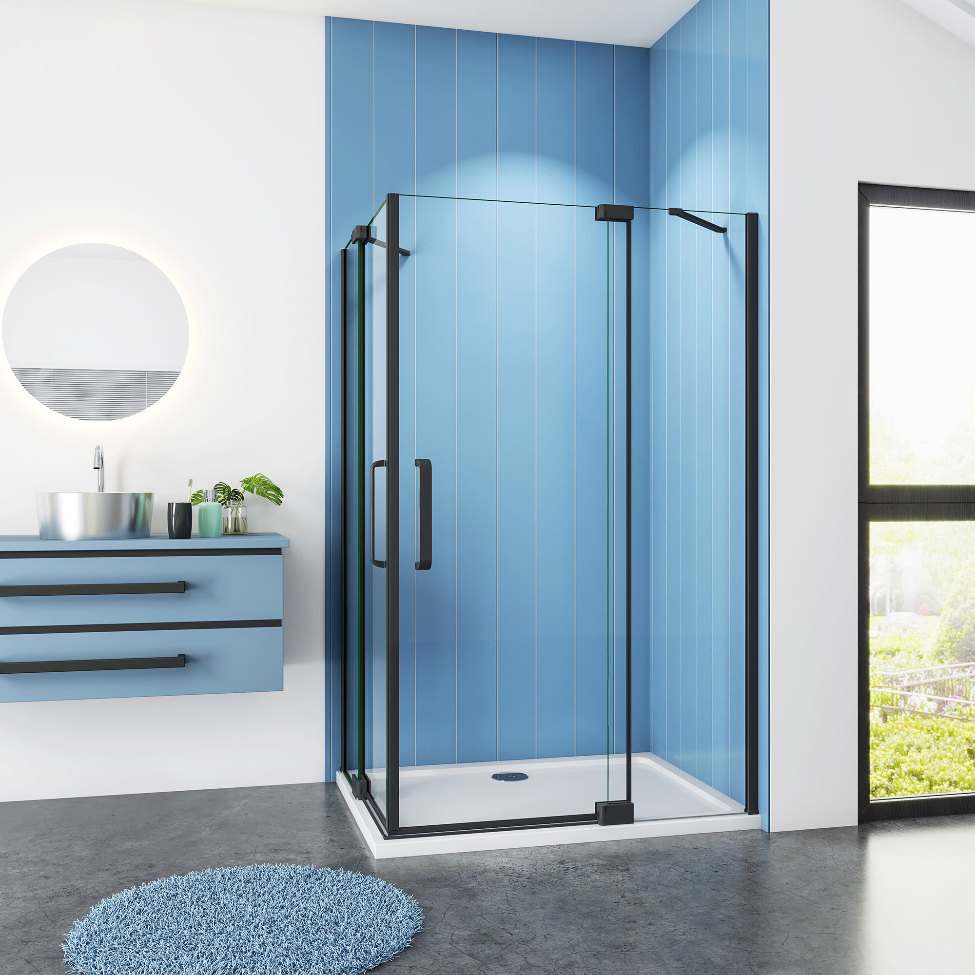 Douchecabine Vierkant Cosmos 100x100x195 Hoekinstap 8mm Helder Glas Antikalk Mat Zwart