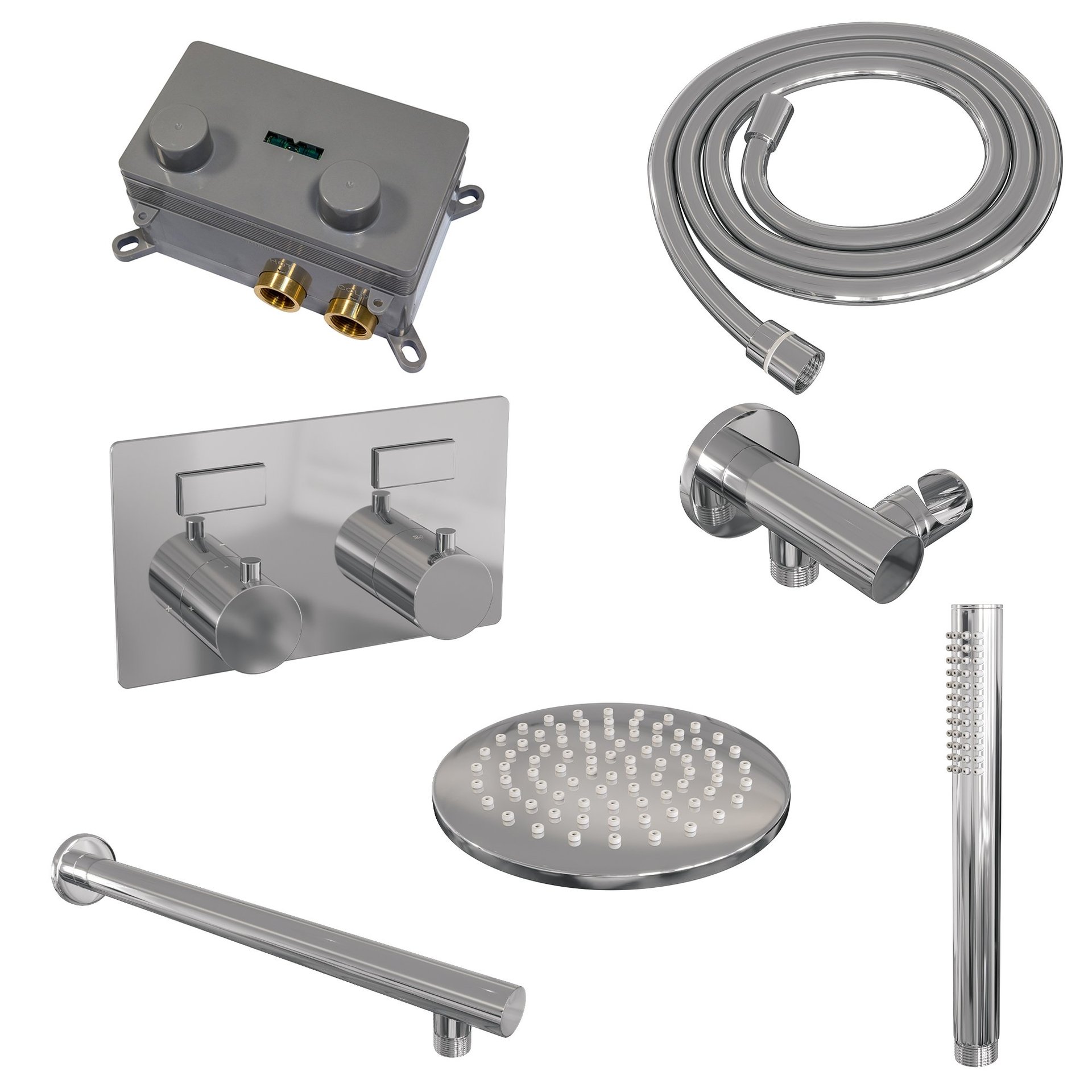 BRAUER Chrome Edition thermostatische inbouw regendouche met drukknoppen SET 49 met 20 cm douchekop en rechte muurarm en staaf handdouche en doucheslang en wandaansluitbocht chroom