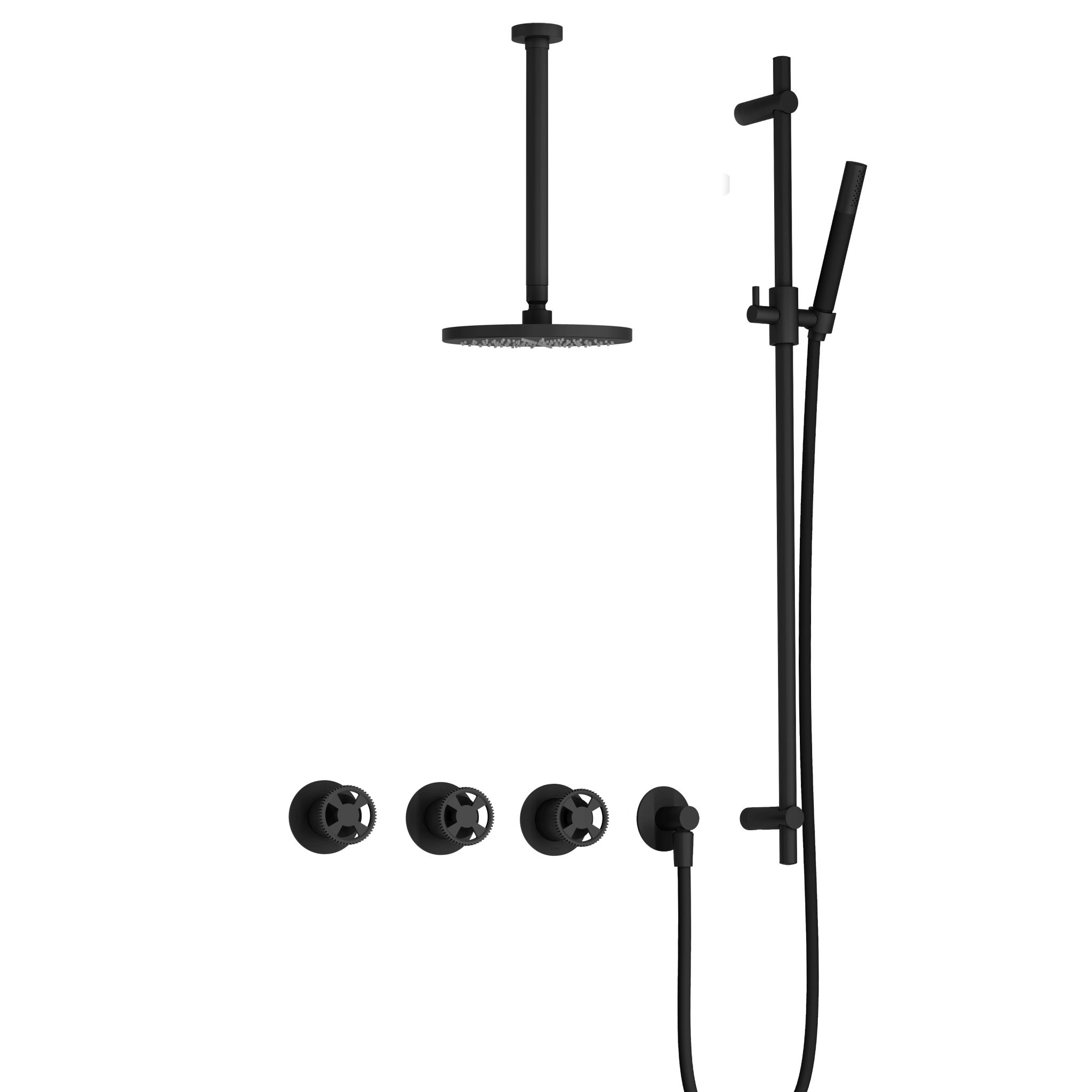Hotbath Cobber @Work Inbouw Regendoucheset Met 2 Stopkranen, Plafondbuis 30cm, Hoofddouche 20cm, Staafhanddouche En Glijstang Mat Zwart