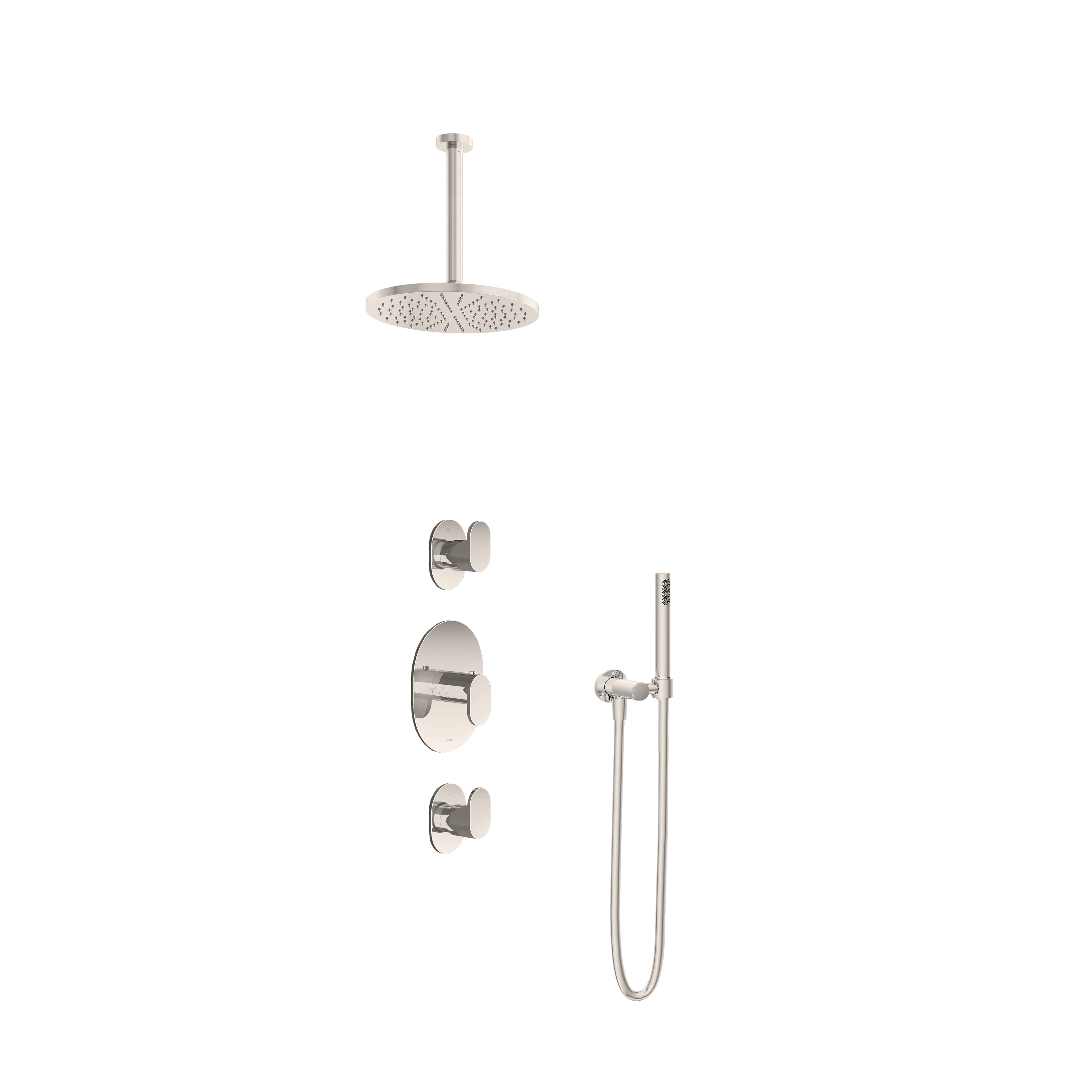 Hotbath Friendo Inbouw Regendoucheset Rond Met 2 Stopkranen, Plafondbuis 30cm, Hoofddouche 25cm En Staafhanddouche Geborsteld Nikkel