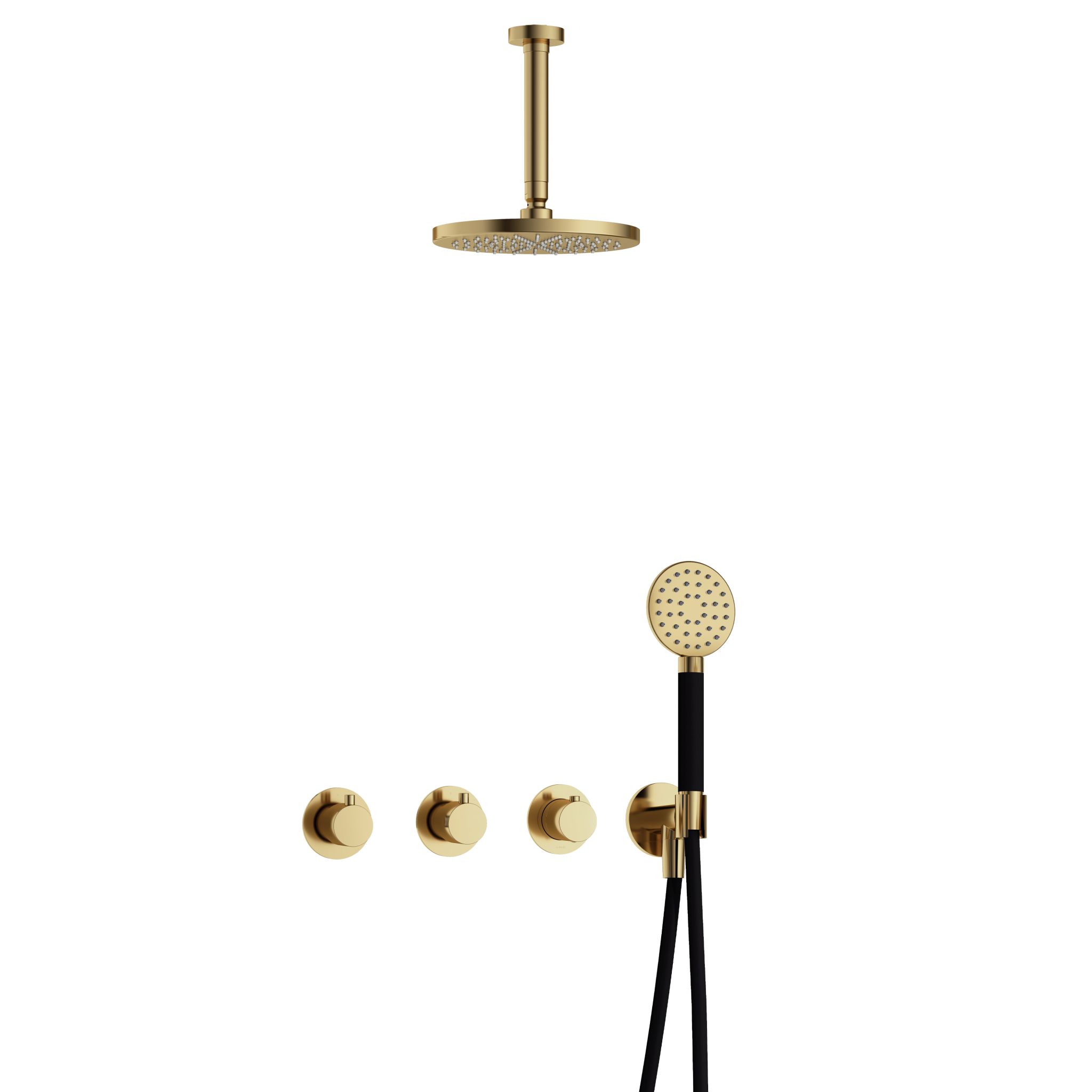 Hotbath Cobber Inbouw Regendoucheset Met Thermostaatkraan, 2 Stopkranen, Plafondbuis 15cm, Hoofddouche 20cm En 3-Standen Handdouche Gepolijst Messing