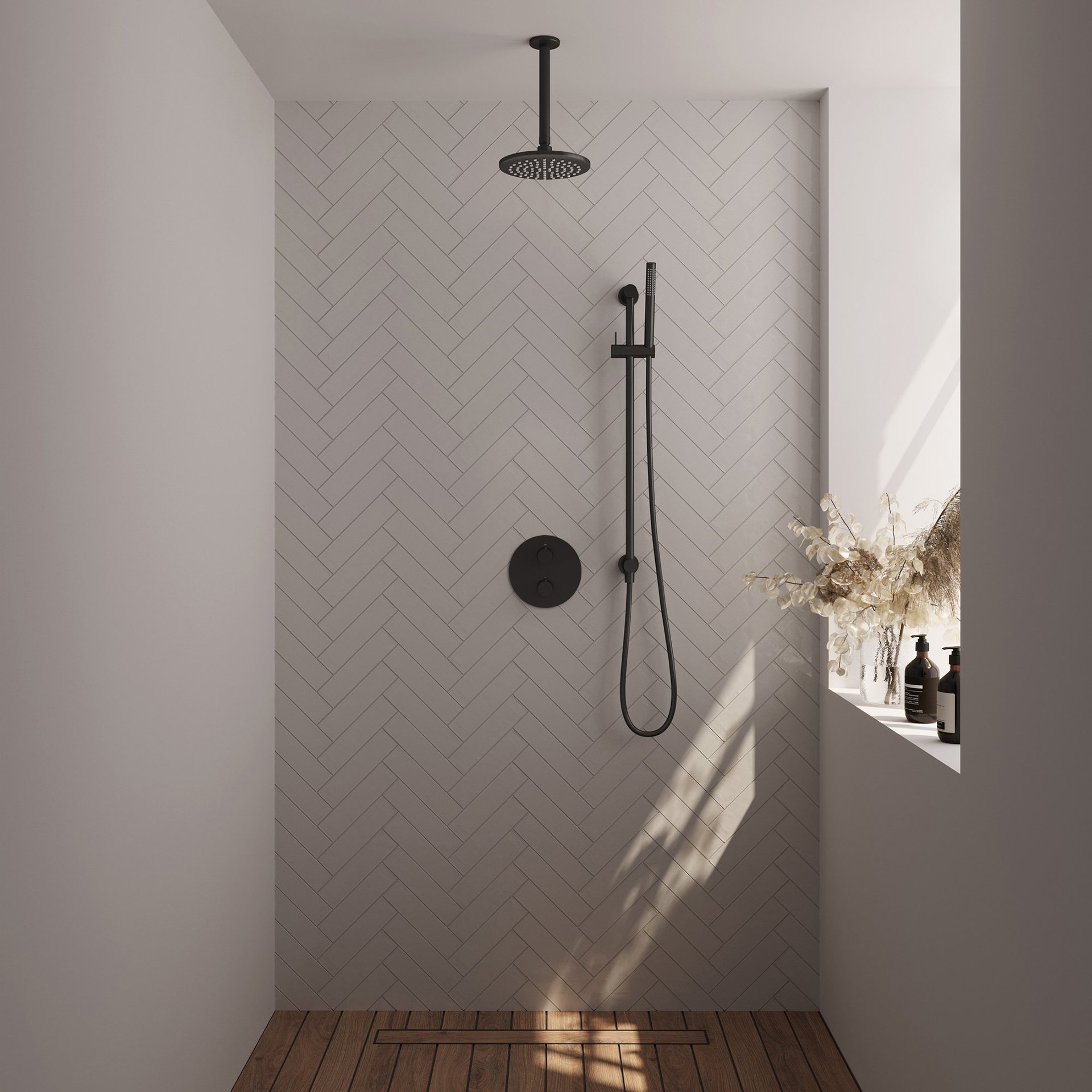 BRAUER Black Edition thermostatische inbouw regendouche 3-weg rond SET 89 met 20 cm douchekop en plafondarm en staaf handdouche en doucheslang en geïntegreerde glijstang mat zwart