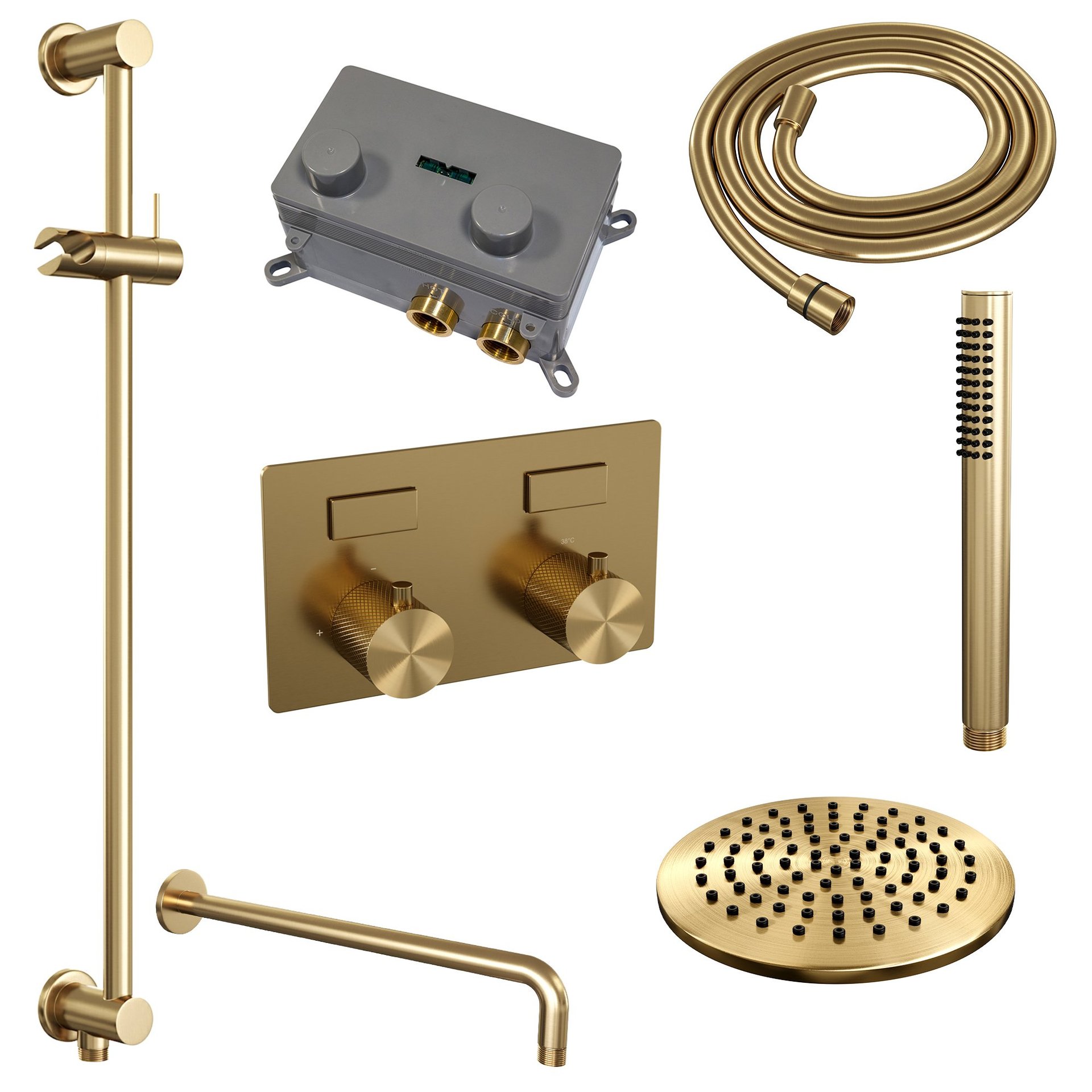 BRAUER Gold Carving thermostatische inbouw regendouche met drukknoppen SET 63 met 20 cm douchekop en gebogen muurarm en staaf handdouche en doucheslang en geïntegreerde glijstang goud geborsteld PVD