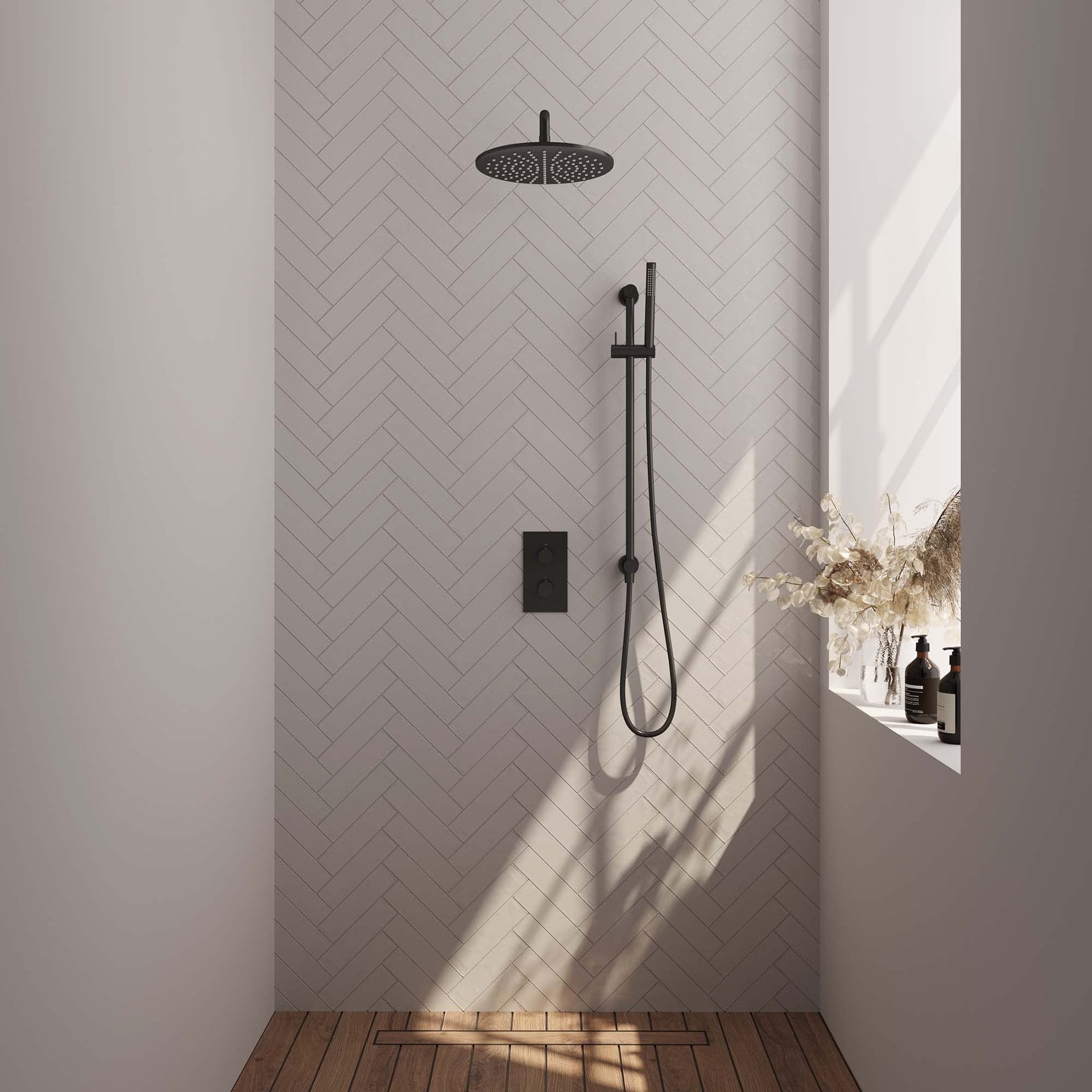 BRAUER Black Edition thermostatische inbouw regendouche 3-weg rechthoekig SET 40 met 30 cm douchekop en gebogen muurarm en staaf handdouche en doucheslang en geïntegreerde glijstang mat zwart