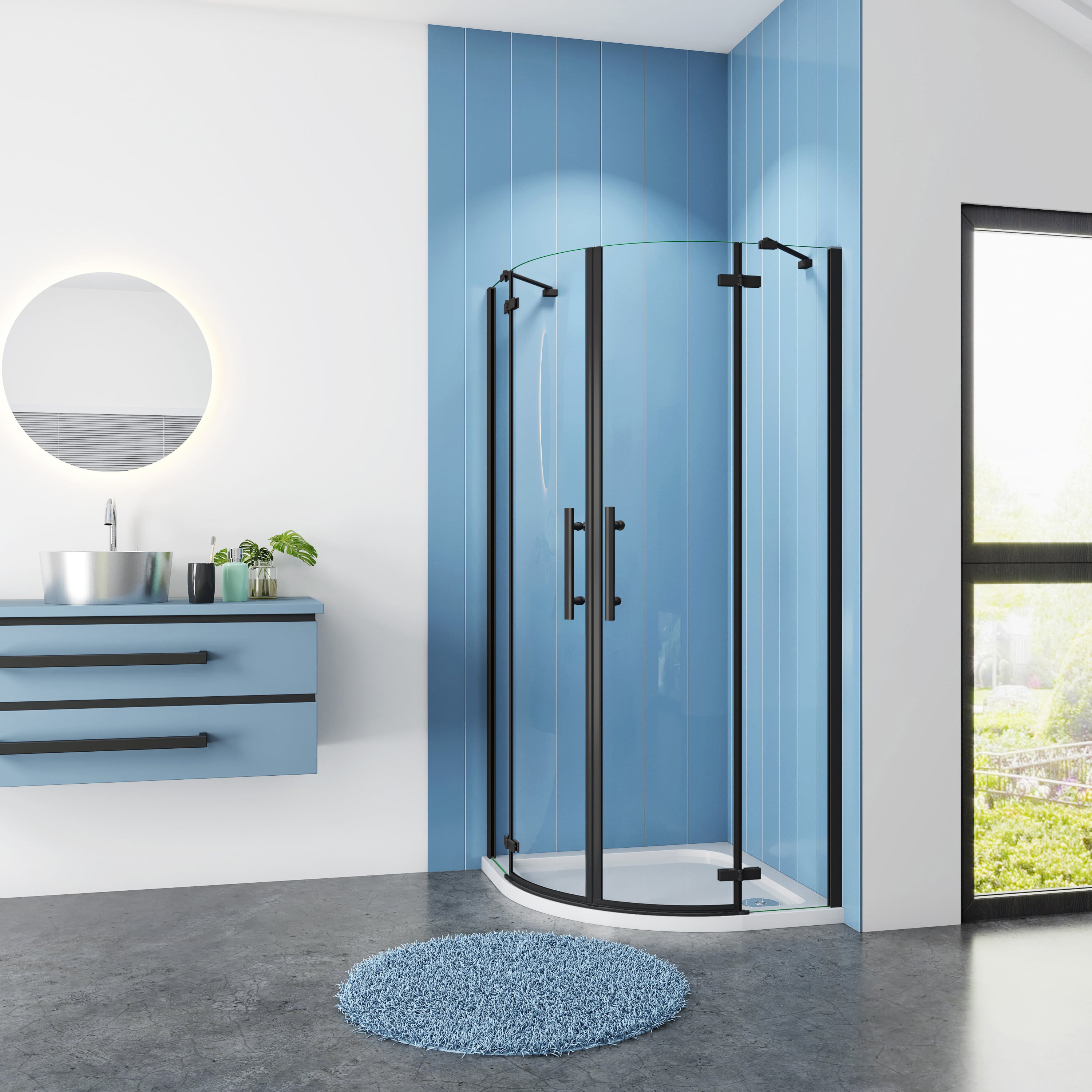 Douchecabine Kwartrond Black Pansy 90x90x195 Draaideur Met Vaste Wand 6Mm Helder Glas Antikalk Mat Zwart