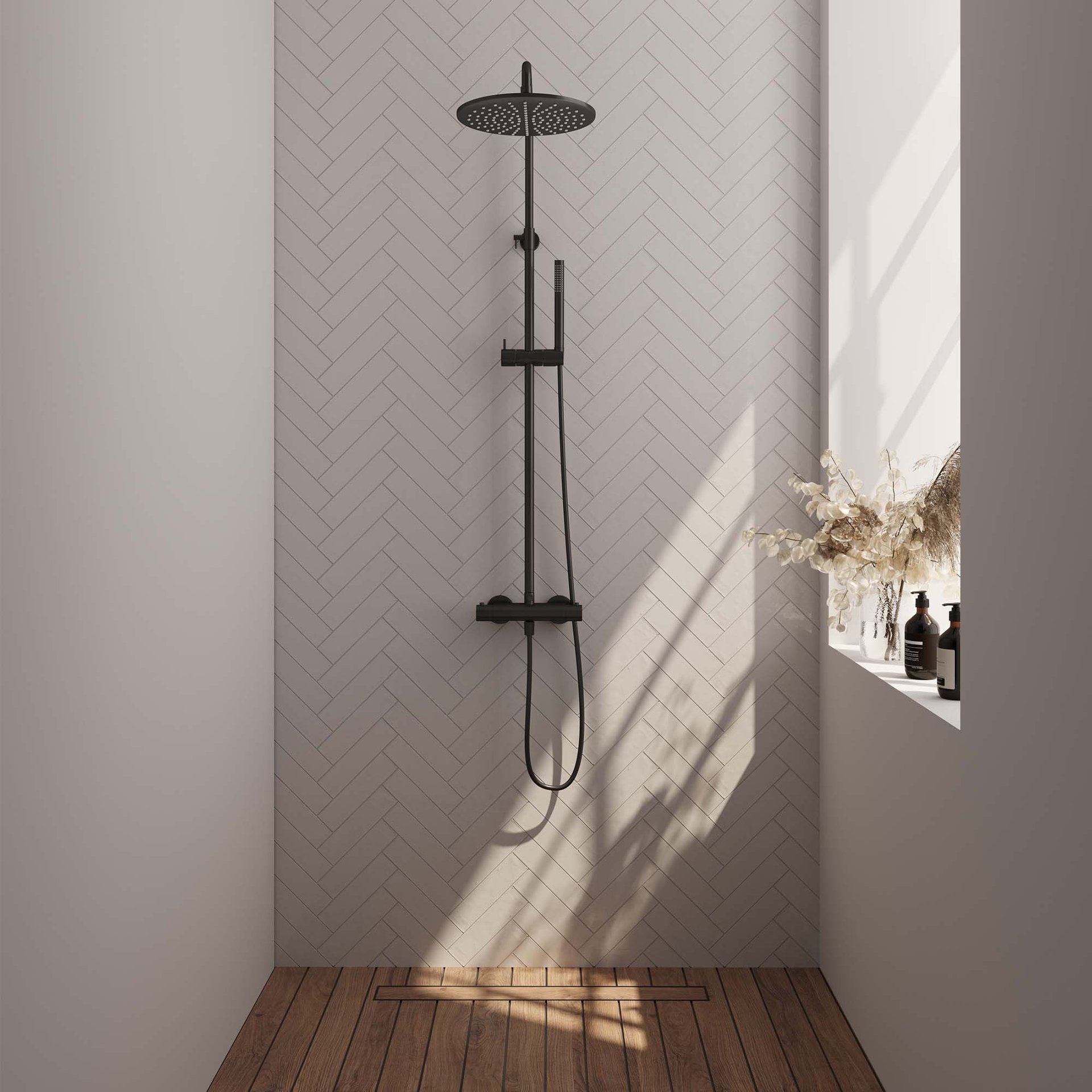 BRAUER Black Edition opbouw thermostatische regendouche SET 03 met 30 cm hoofddouche en staaf handdouche en doucheslang mat zwart
