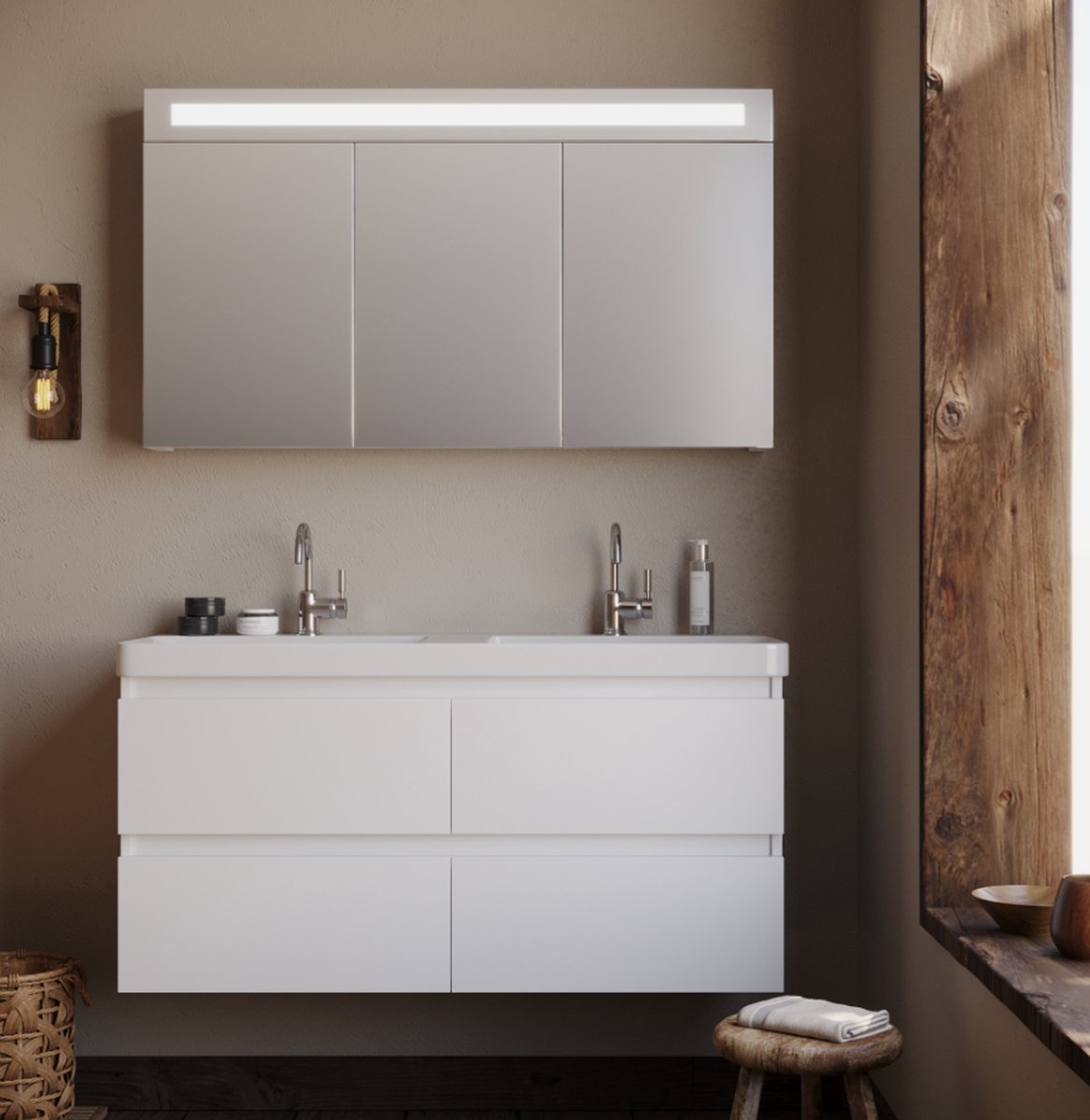 Badkamermeubel Luccine - Wit - 120x45,5x57 cm - Incl. Witte Keramische Wastafel - Voorgemonteerd - Greeploos - 4 Lades - MDF