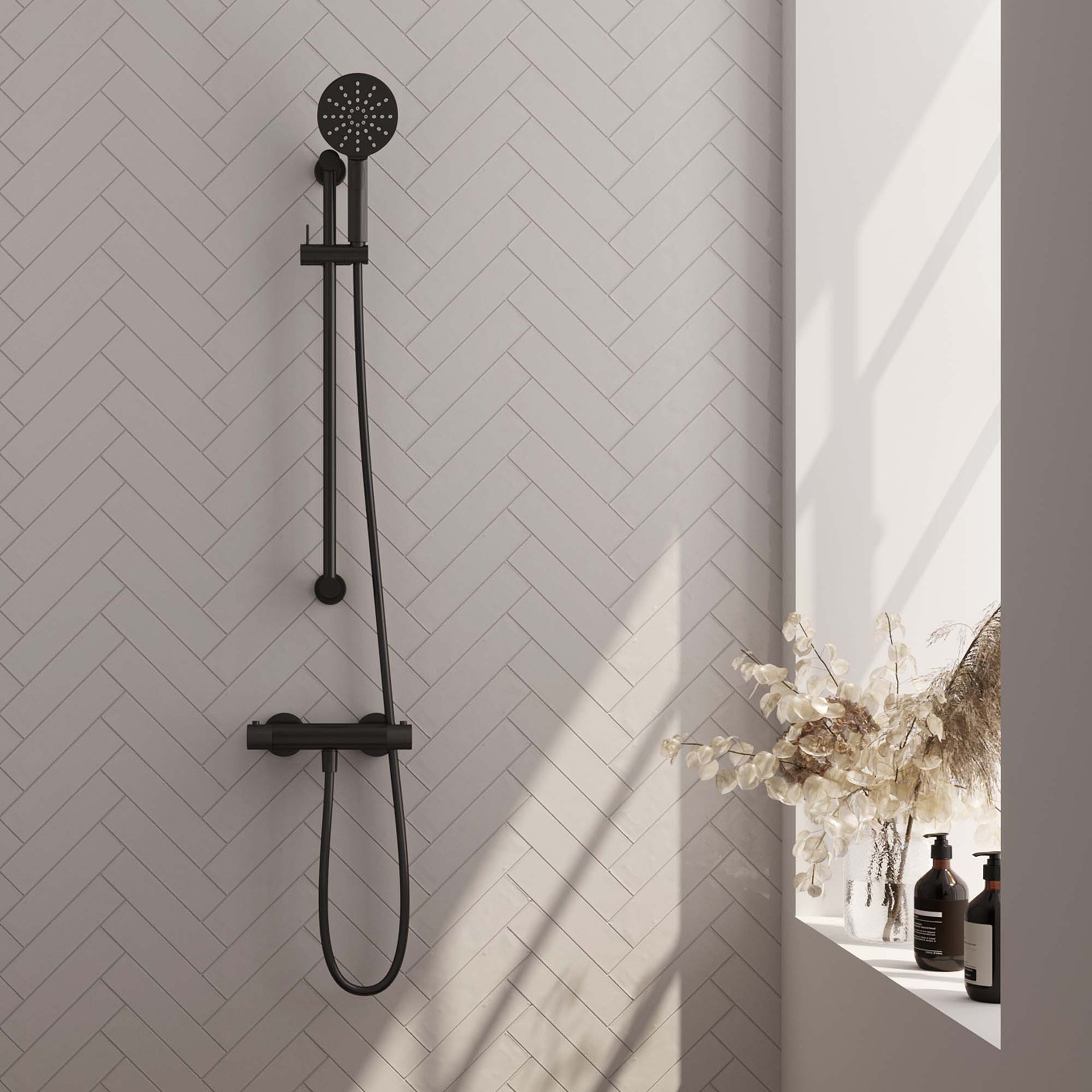 BRAUER Black Carving opbouw douche thermostaatkraan SET 02 met glijstang en 3-standen handdouche en doucheslang mat zwart