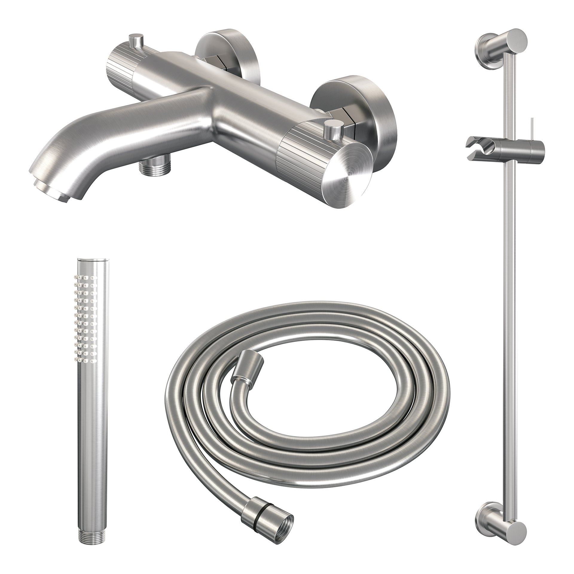BRAUER Stripe opbouw baddouche thermostaatkraan SET 01 met glijstang en staaf handdouche en doucheslang RVS-kleurig geborsteld PVD