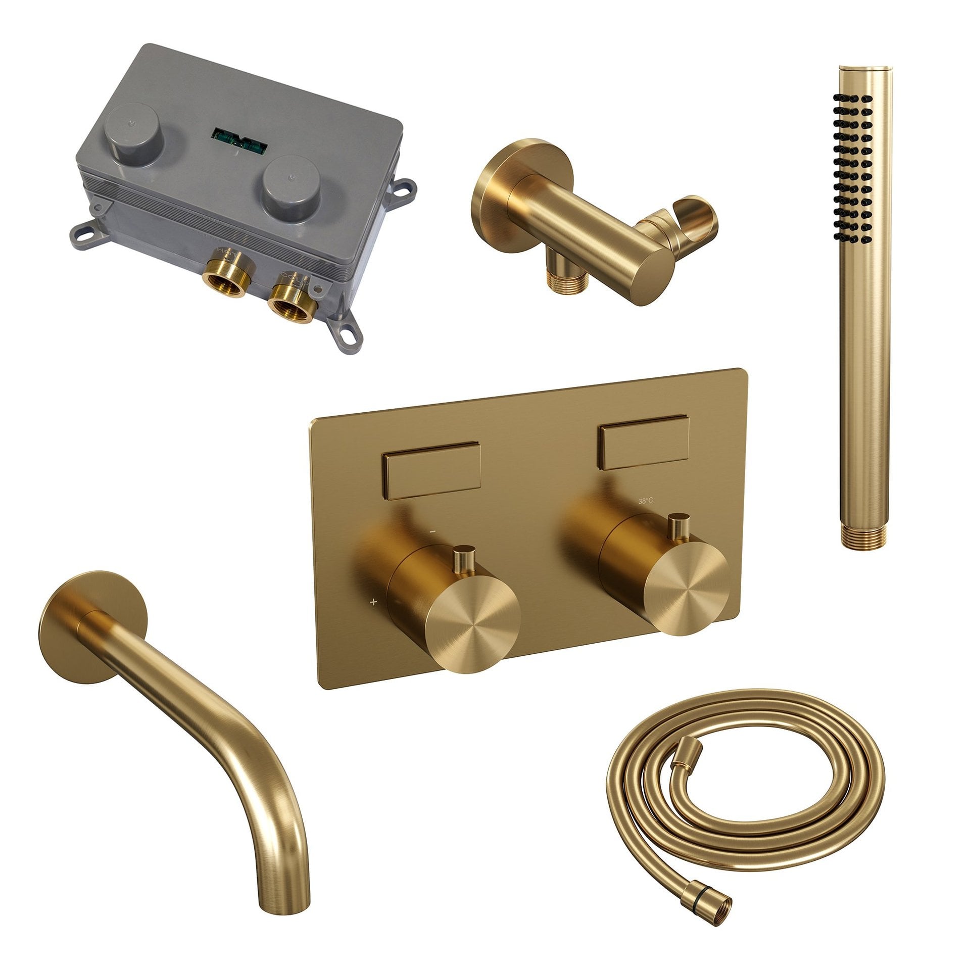 BRAUER Gold Edition thermostatische inbouw badkraan met drukknoppen SET 03 met uitloop en staaf handdouche en doucheslang en wandaansluitbocht goud geborsteld PVD