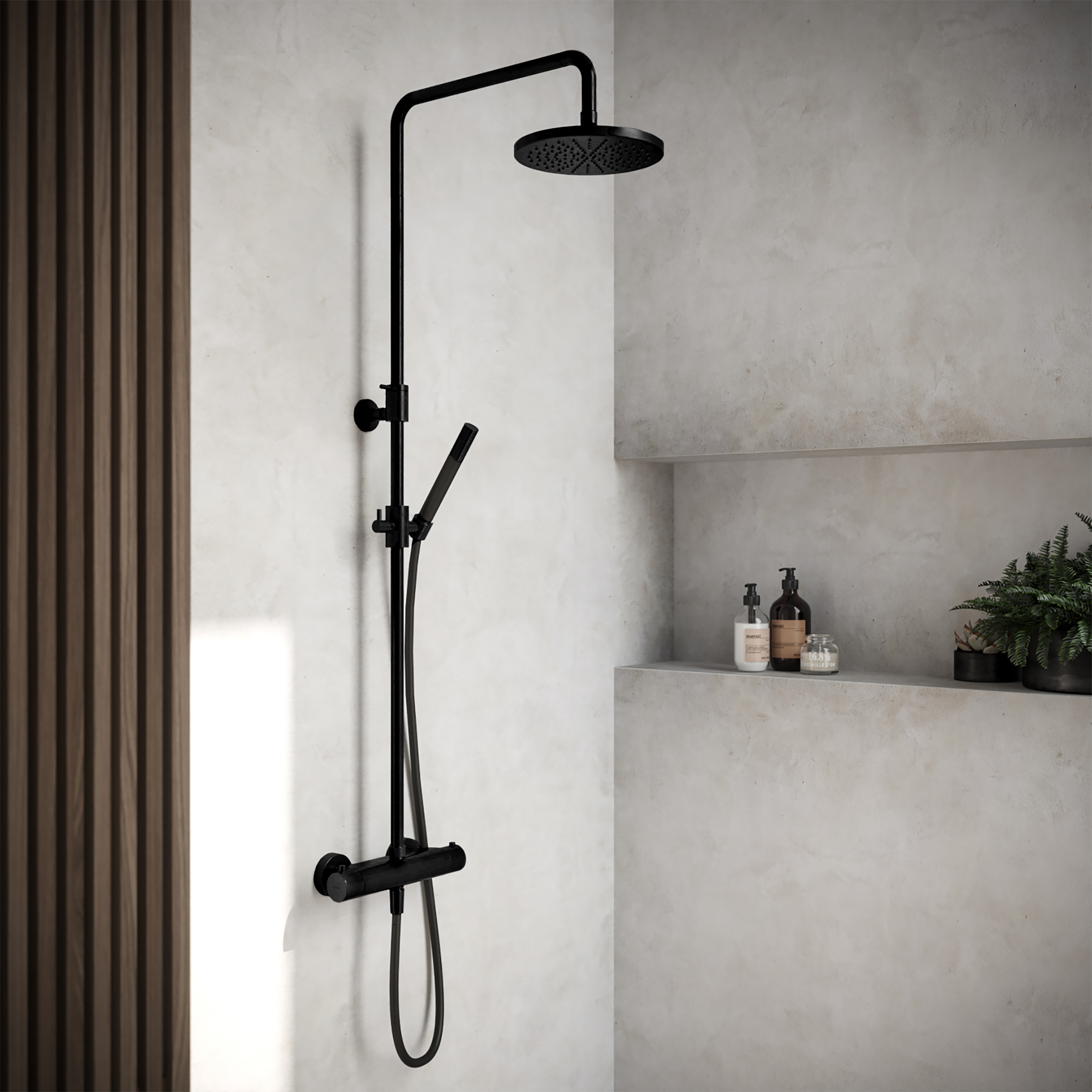 Hotbath Cobber Opbouw Regendoucheset Met Thermostaatkraan Met 20cm Ronde Hoofddouche en Staafhanddouche Mat Zwart