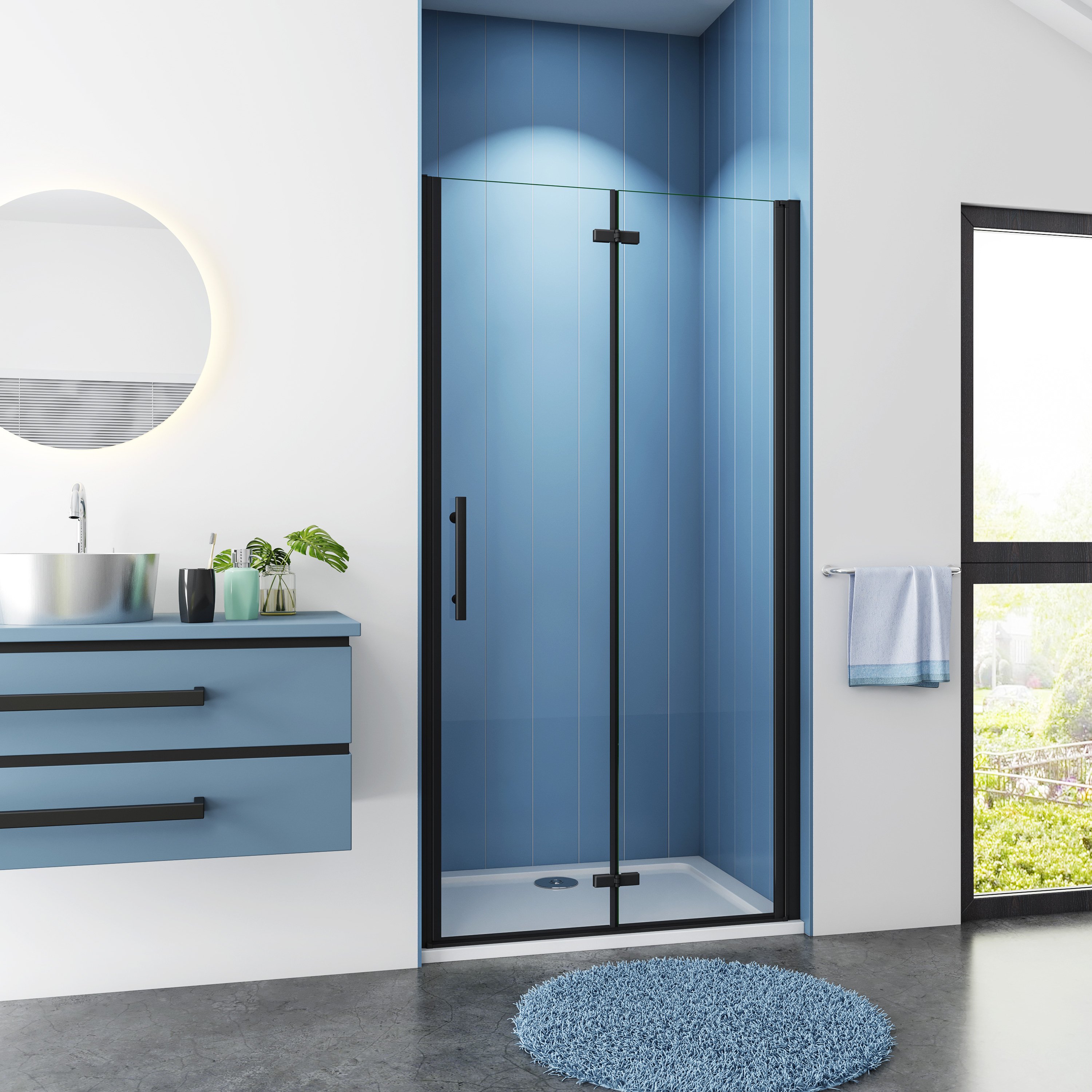 Douchedeur Black Poppy Nisdeur 95x195 Vouwdeur 2-Delig 6mm Helder Glas Antikalk Zwart