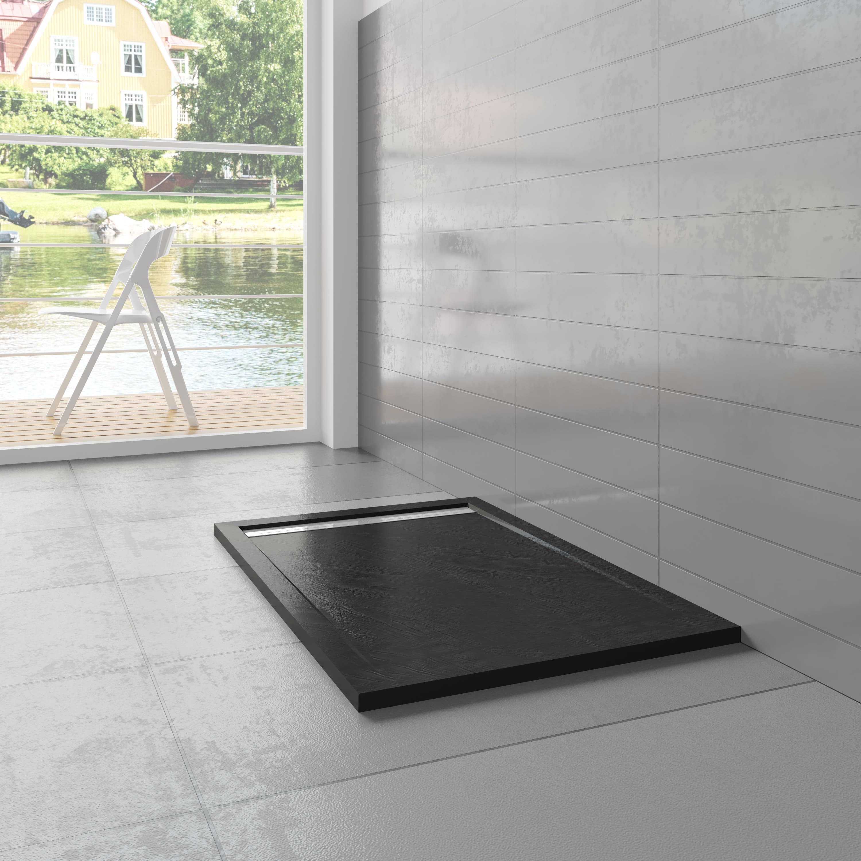 Serie Daisy - Douchebak - Mat Zwart Natuursteen Look - 140x80 - Rechthoek - Polystone  - Excl. Sifon Daisy