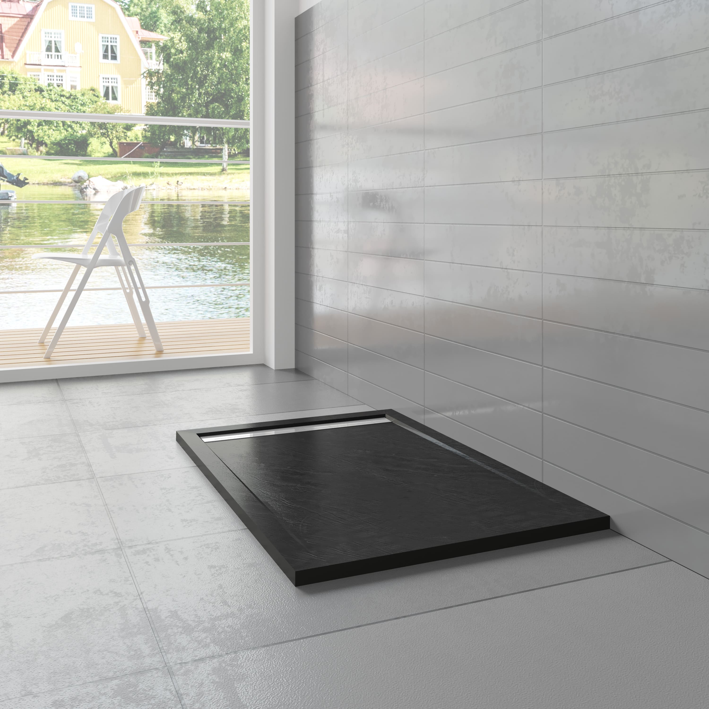 Douchebak Mat Zwart Natuursteen Look Daisy Rechthoek 140X80 Polystone (Exclusief Sifon)