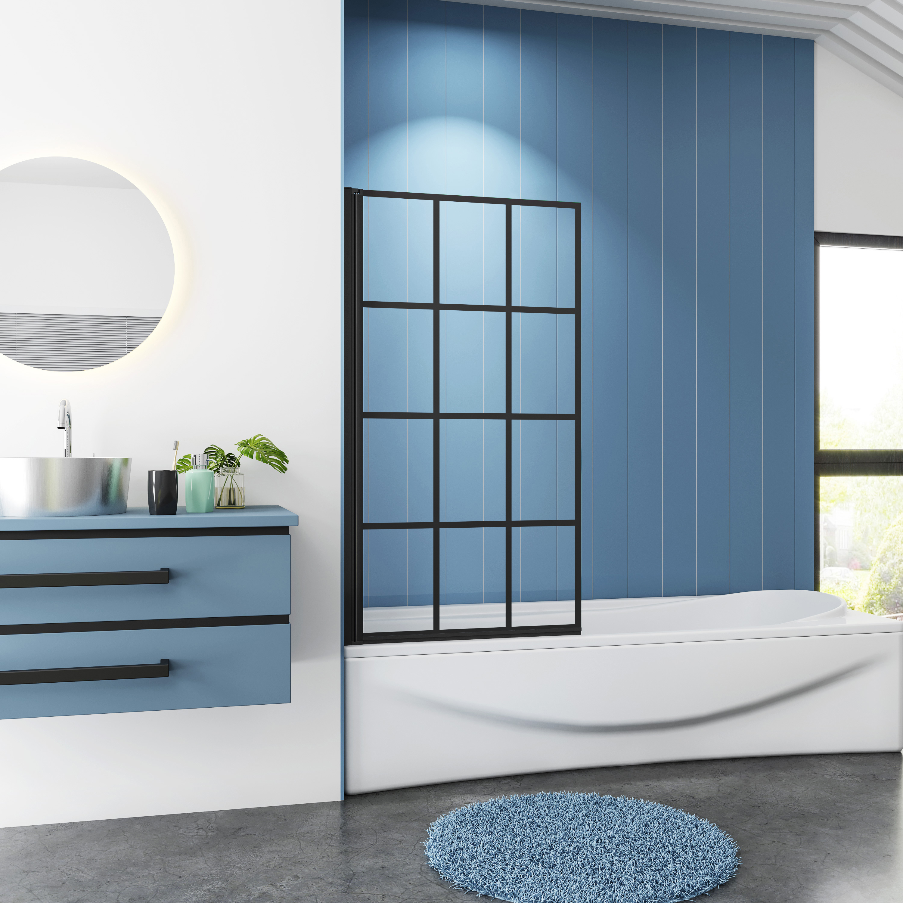 Badwand Phlox 1-Delig 80x140 6Mm Helder Glas Zwarte Kaders Antikalk Mat Zwart