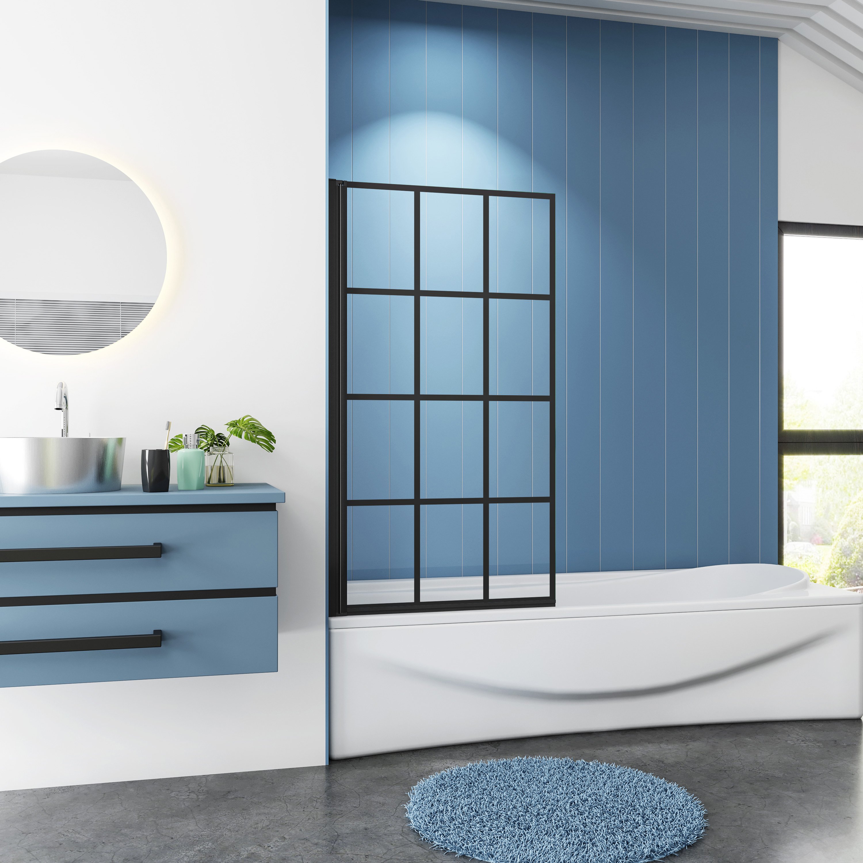 Badwand Phlox 1-Delig 80x140 6Mm Helder Glas Zwarte Kaders Antikalk Mat Zwart