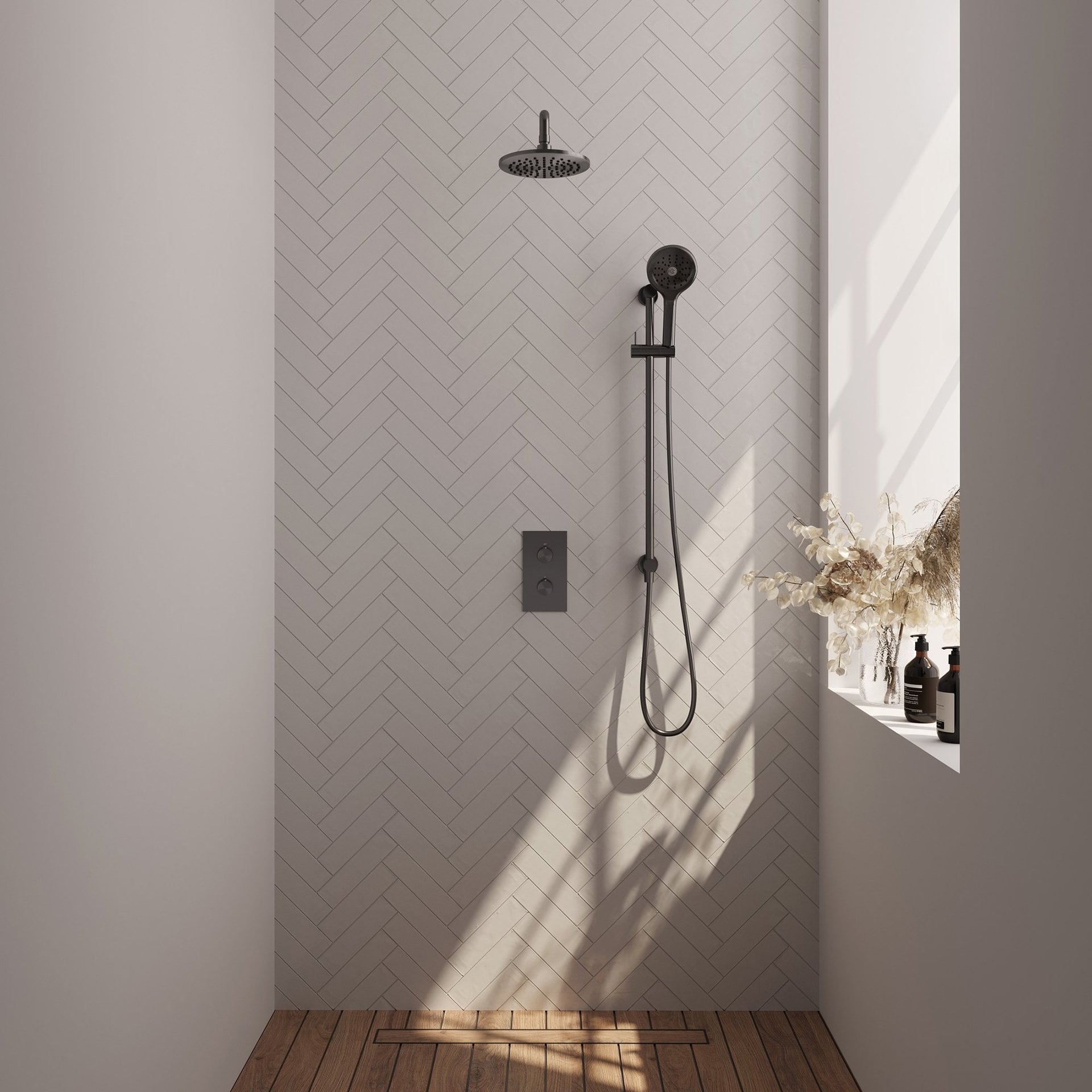 BRAUER Gunmetal Carving thermostatische inbouw regendouche 3-weg rechthoekig SET 45 met 20 cm douchekop en gebogen muurarm en 3-standen handdouche en doucheslang en geïntegreerde glijstang gunmetal geborsteld PVD