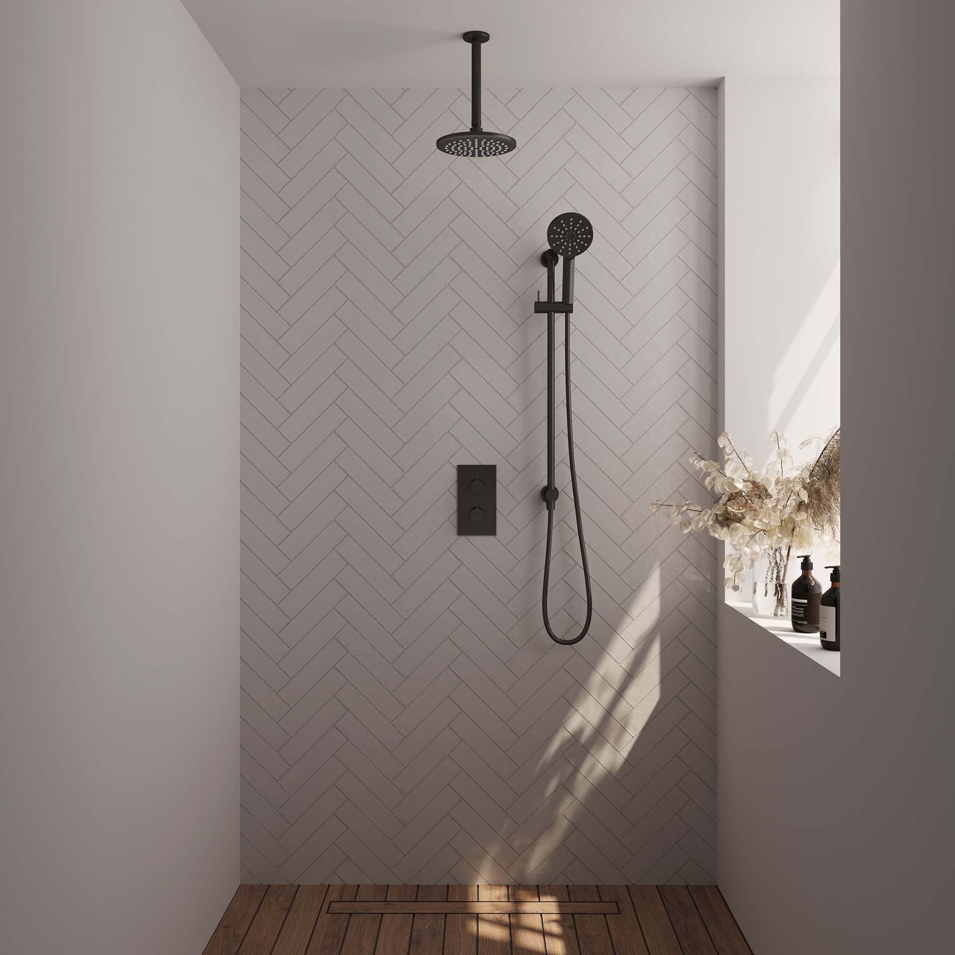BRAUER Black Carving thermostatische inbouw regendouche 3-weg rechthoekig SET 47 met 20 cm douchekop en plafondarm en 3-standen handdouche en doucheslang en geïntegreerde glijstang mat zwart