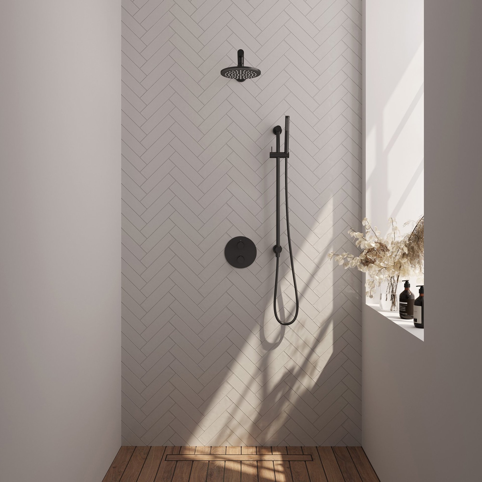 BRAUER Black Carving thermostatische inbouw regendouche 3-weg rond SET 85 met 20 cm douchekop en rechte muurarm en staaf handdouche en doucheslang en geïntegreerde glijstang mat zwart