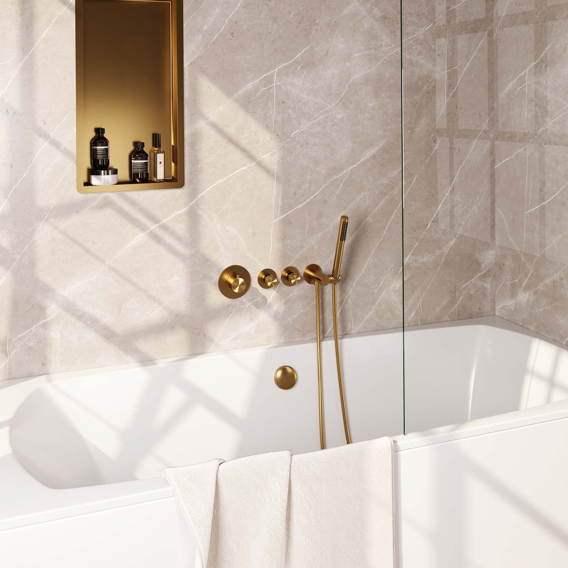 BRAUER Gold Edition thermostatische inbouw badkraan SET 01 met badvulcombinatie en staaf handdouche en doucheslang en wandaansluitbocht goud geborsteld PVD