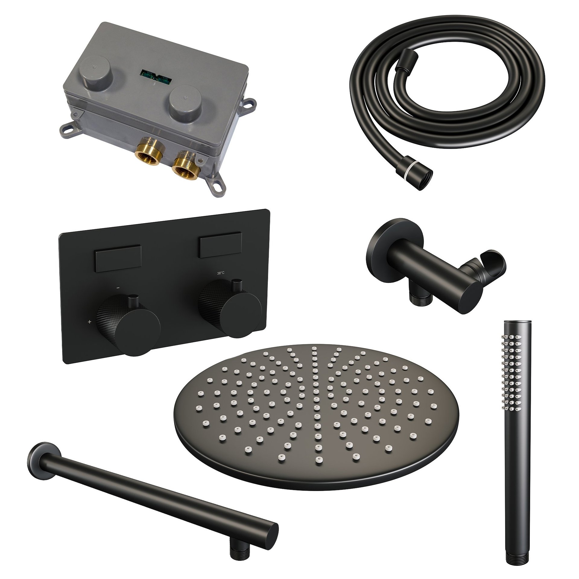 BRAUER Black Carving thermostatische inbouw regendouche met drukknoppen SET 50 met 30 cm douchekop en rechte muurarm en staaf handdouche en doucheslang en wandaansluitbocht mat zwart