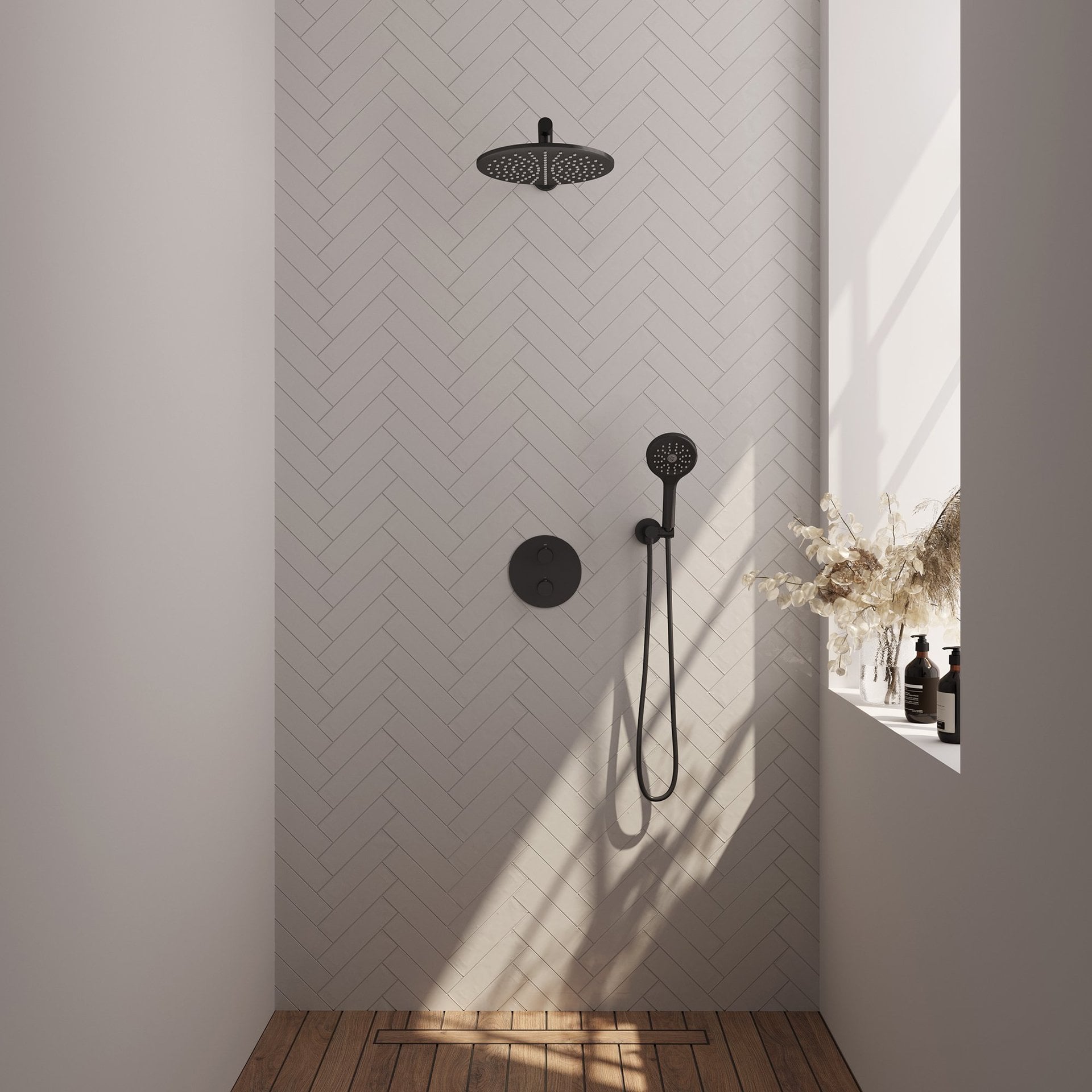 BRAUER Black Carving thermostatische inbouw regendouche 3-weg rond SET 80 met 30 cm douchekop en rechte muurarm en 3-standen handdouche en doucheslang en wandaansluitbocht mat zwart