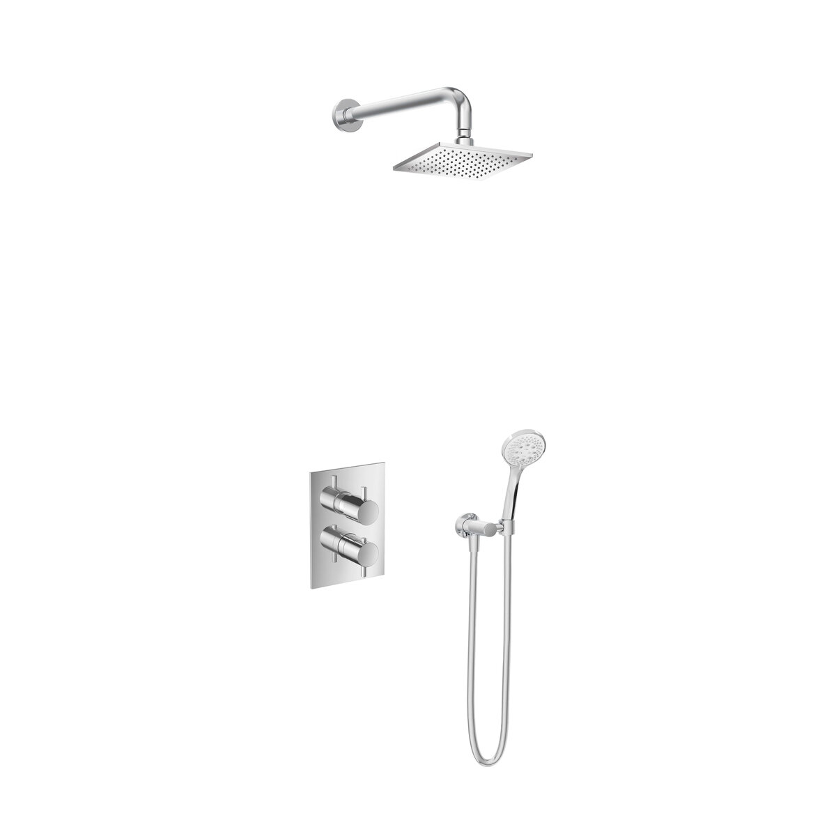 Hotbath Laddy Inbouw Regendoucheset Rond-Vierkant Met 2-Weg-Omstel, Wandarm, Hoofddouche Vierkant 20x20cm En 3-Standen Handdouche Geborsteld Nikkel