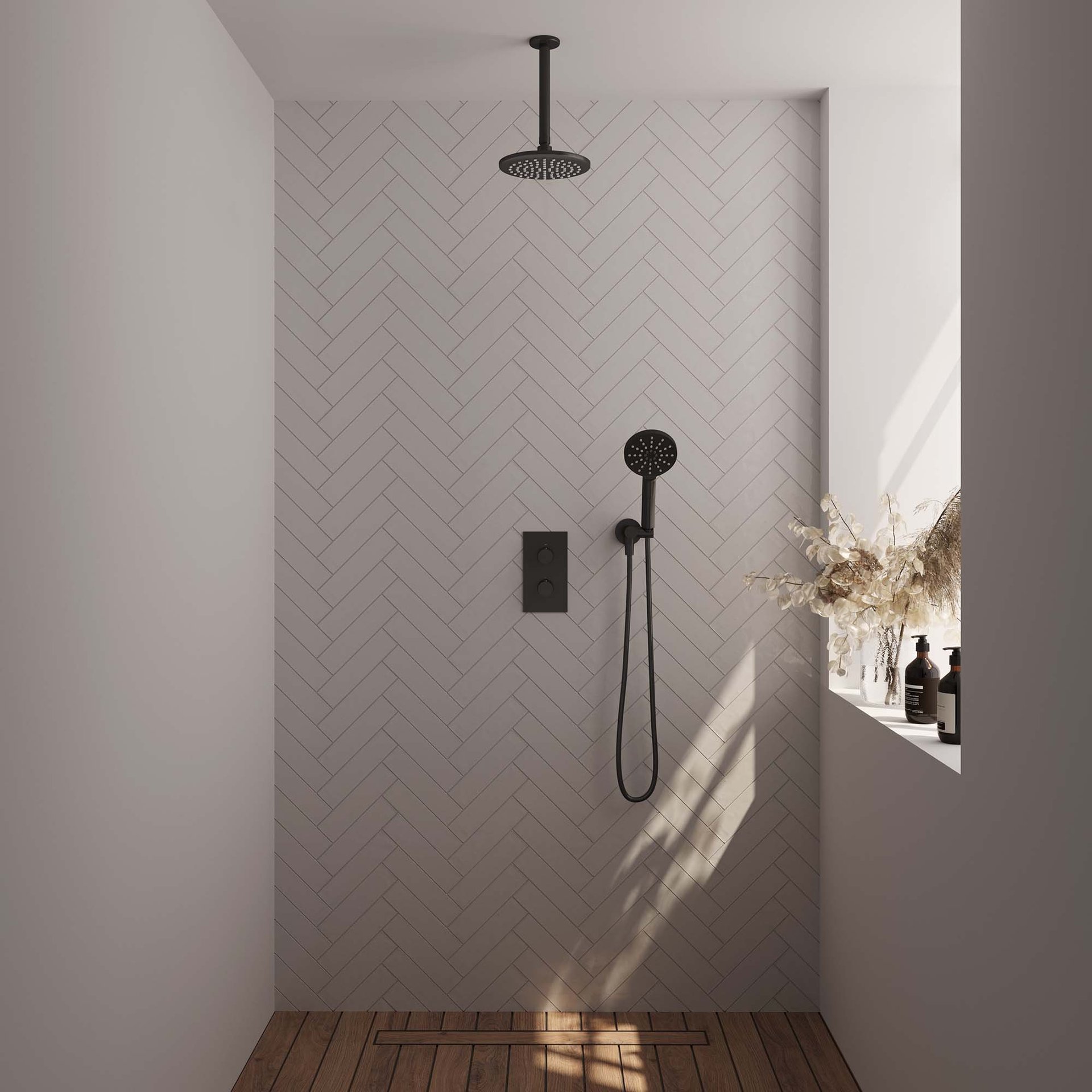 BRAUER Black Edition thermostatische inbouw regendouche 3-weg rechthoekig SET 35 met 20 cm douchekop en plafondarm en 3-standen handdouche en doucheslang en wandaansluitbocht mat zwart