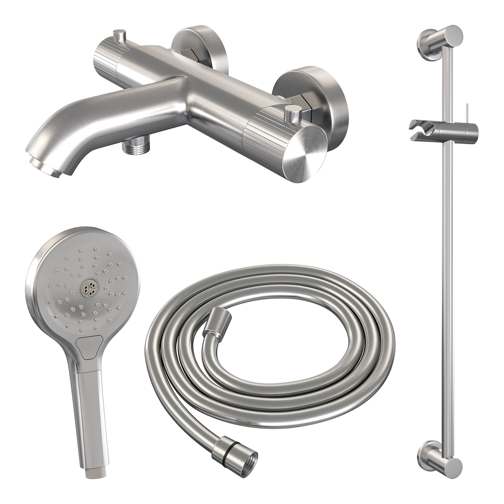 BRAUER Stripe opbouw baddouche thermostaatkraan SET 02 met glijstang en 3-standen handdouche en doucheslang RVS-kleurig geborsteld PVD
