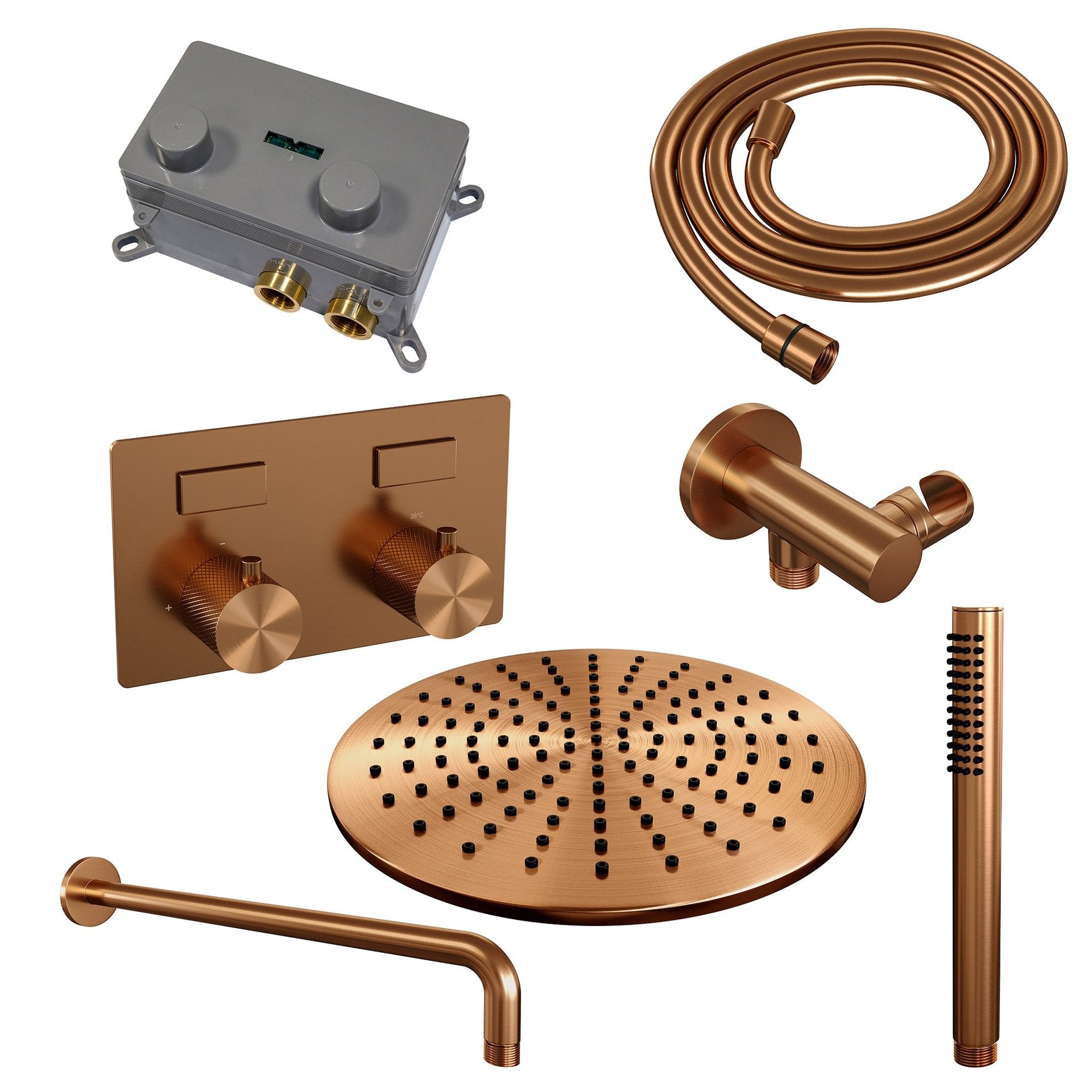 BRAUER Copper Carving thermostatische inbouw regendouche met drukknoppen SET 52 met 30 cm douchekop en gebogen muurarm en staaf handdouche en doucheslang en wandaansluitbocht koper geborsteld PVD