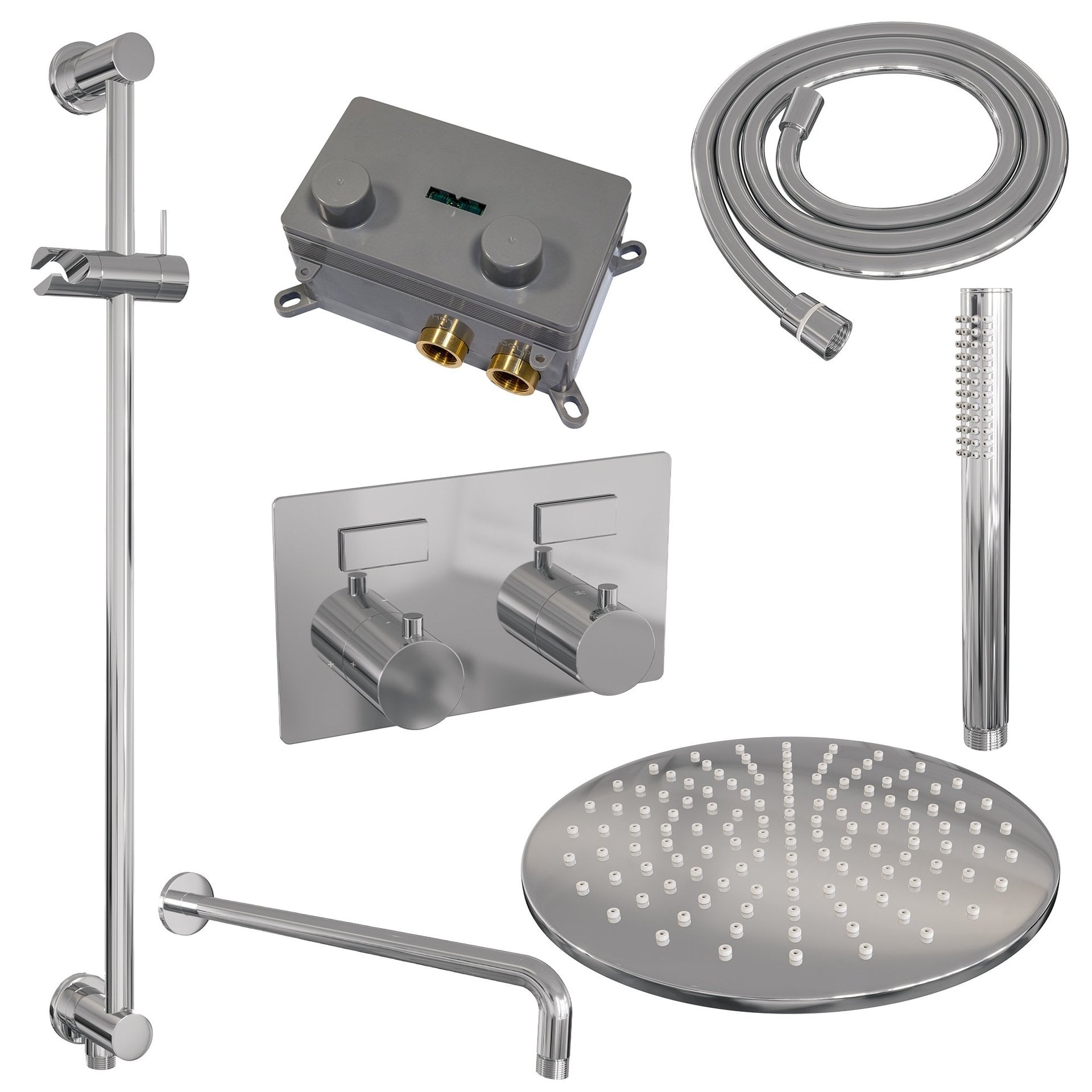 BRAUER Chrome Edition thermostatische inbouw regendouche met drukknoppen SET 64 met 30 cm douchekop en gebogen muurarm en staaf handdouche en doucheslang en geïntegreerde glijstang chroom