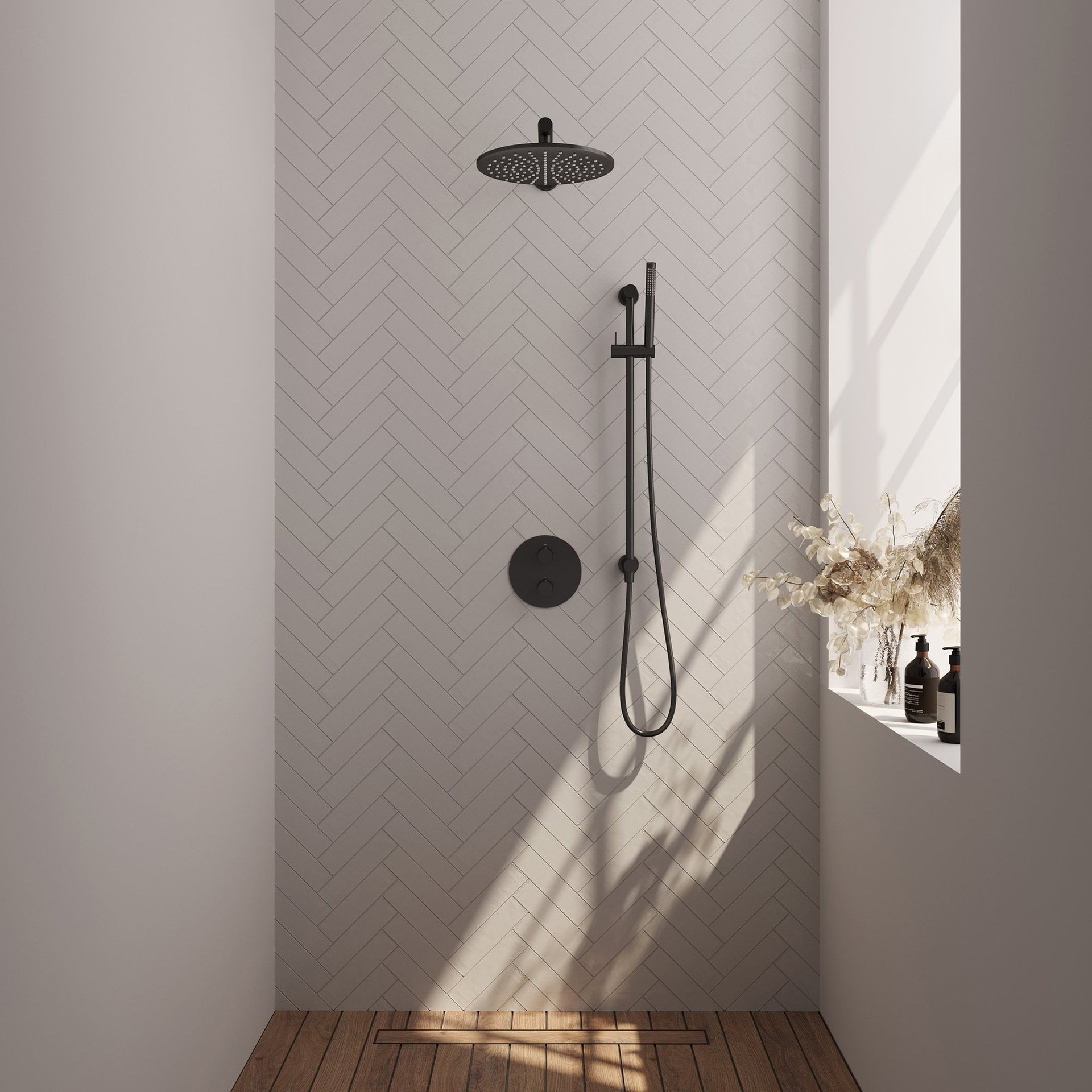 BRAUER Black Carving thermostatische inbouw regendouche 3-weg rond SET 86 met 30 cm douchekop en rechte muurarm en staaf handdouche en doucheslang en geïntegreerde glijstang mat zwart