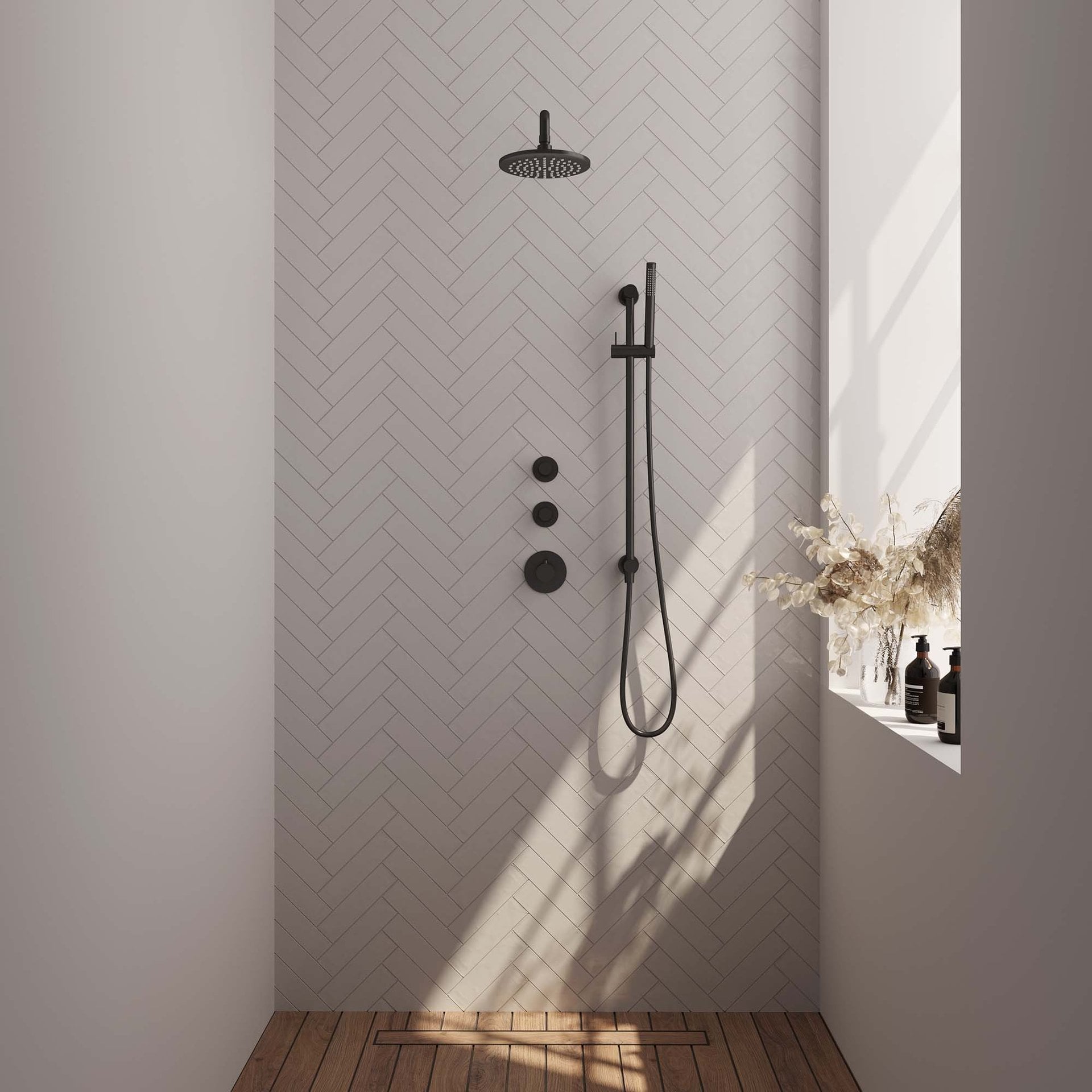 BRAUER Black Carving thermostatische inbouw regendouche SET 15 met 20 cm douchekop en gebogen muurarm en staaf handdouche en doucheslang en geïntegreerde glijstang mat zwart