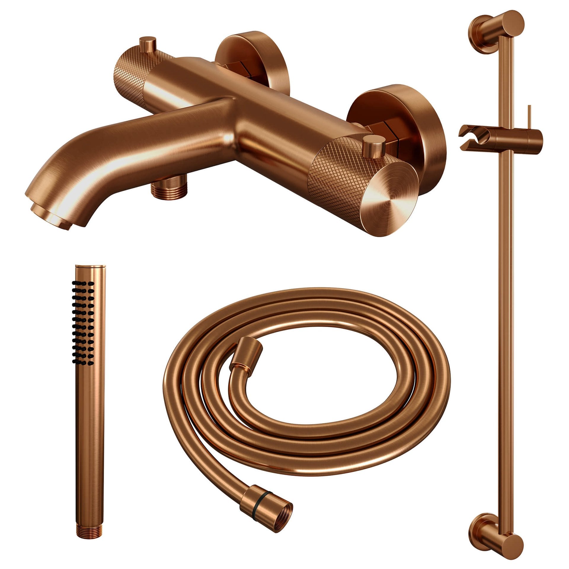 BRAUER Copper Carving opbouw baddouche thermostaatkraan SET 01 met glijstang en staaf handdouche en doucheslang koper geborsteld PVD
