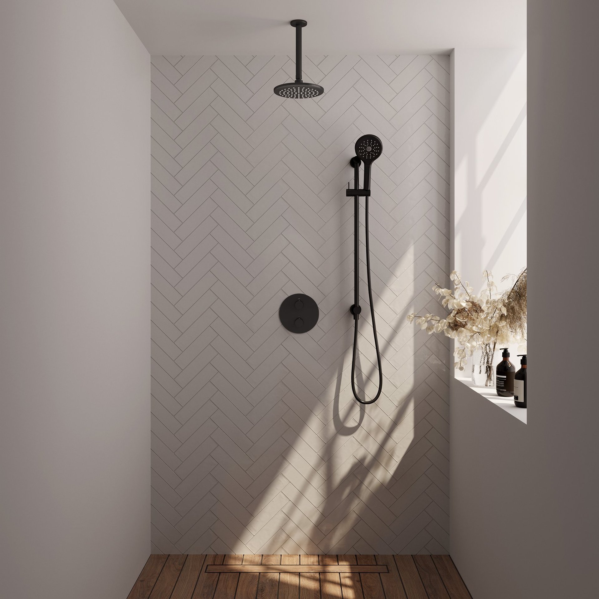 BRAUER Black Carving thermostatische inbouw regendouche 3-weg rond SET 95 met 20 cm douchekop en plafondarm en 3-standen handdouche en doucheslang en geïntegreerde glijstang mat zwart