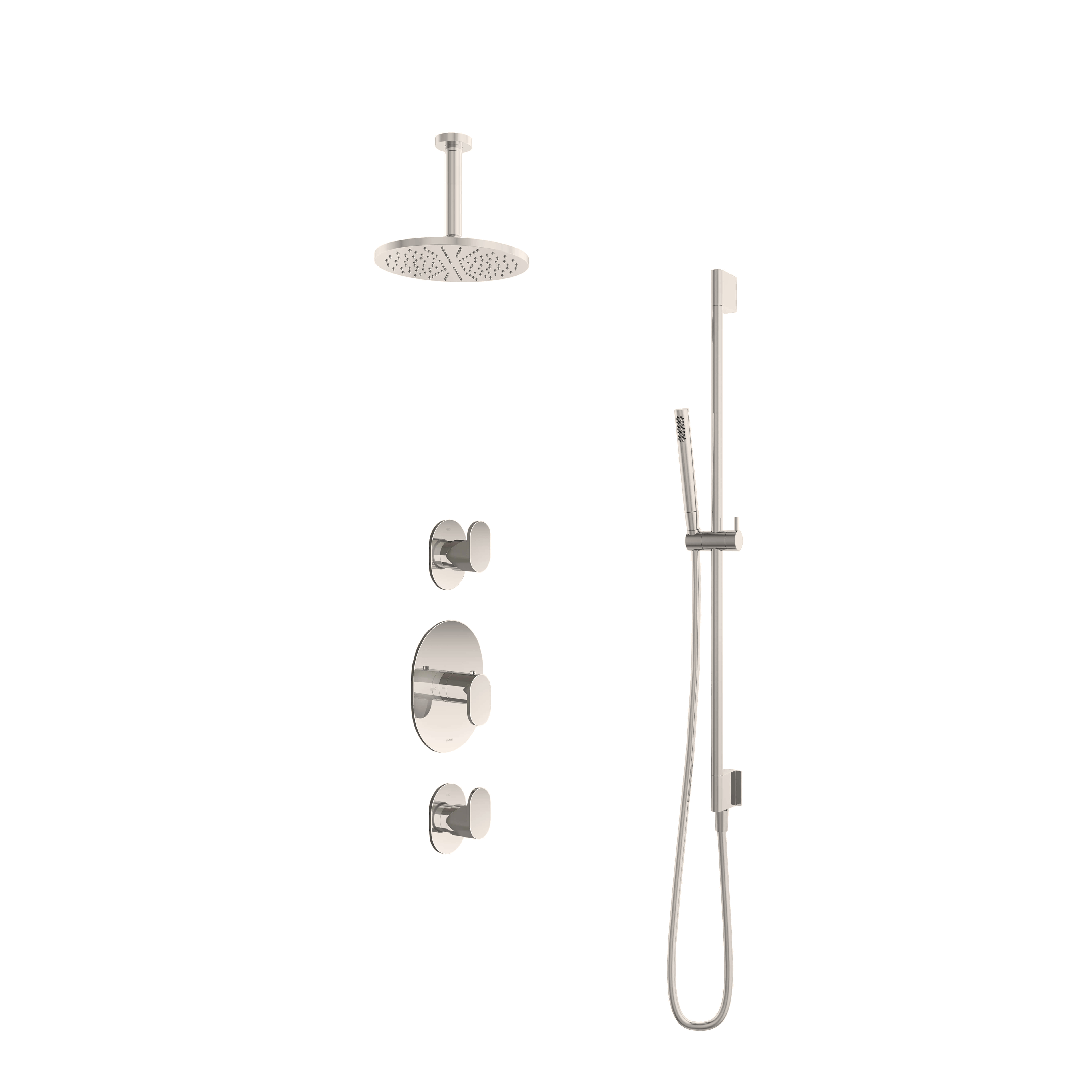 Hotbath Friendo Inbouw Regendoucheset Rond Met 2 Stopkranen, Plafondbuis 15cm, Hoofddouche 20cm, Staafhanddouche En Glijstang Geborsteld Nikkel