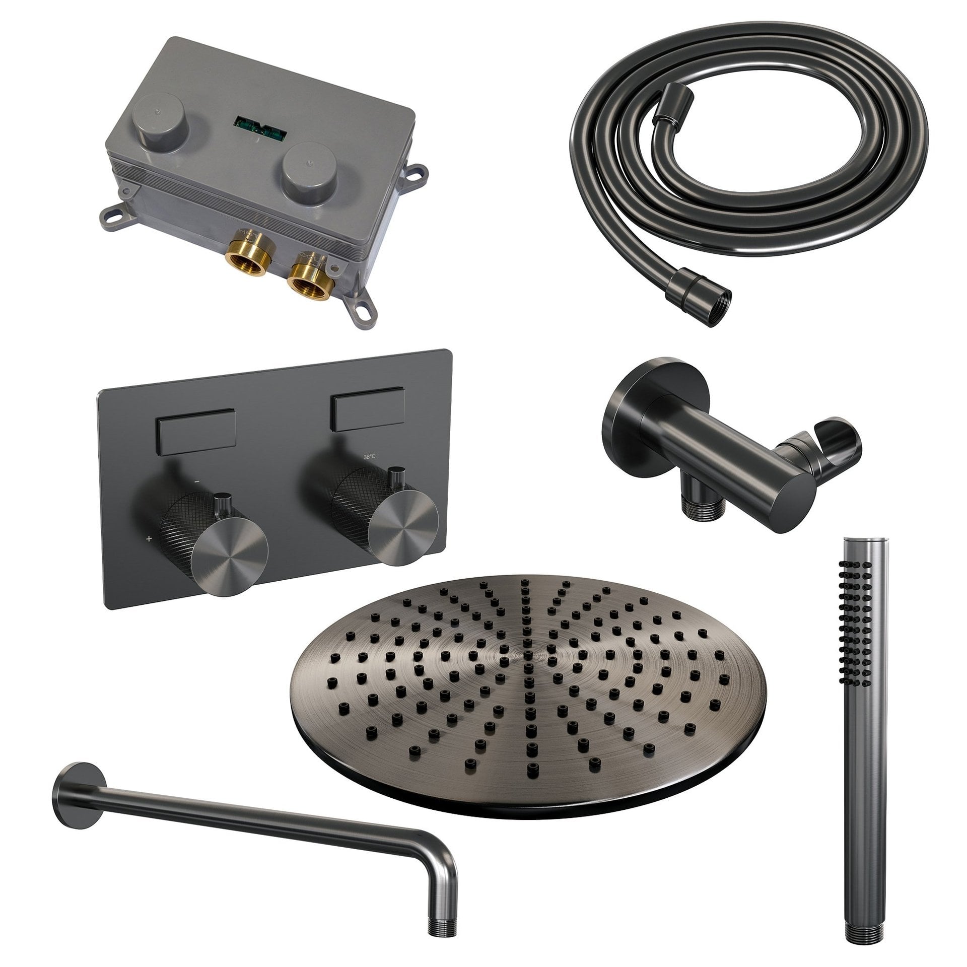 BRAUER Gunmetal Carving thermostatische inbouw regendouche met drukknoppen SET 52 met 30 cm douchekop en gebogen muurarm en staaf handdouche en doucheslang en wandaansluitbocht gunmetal geborsteld PVD
