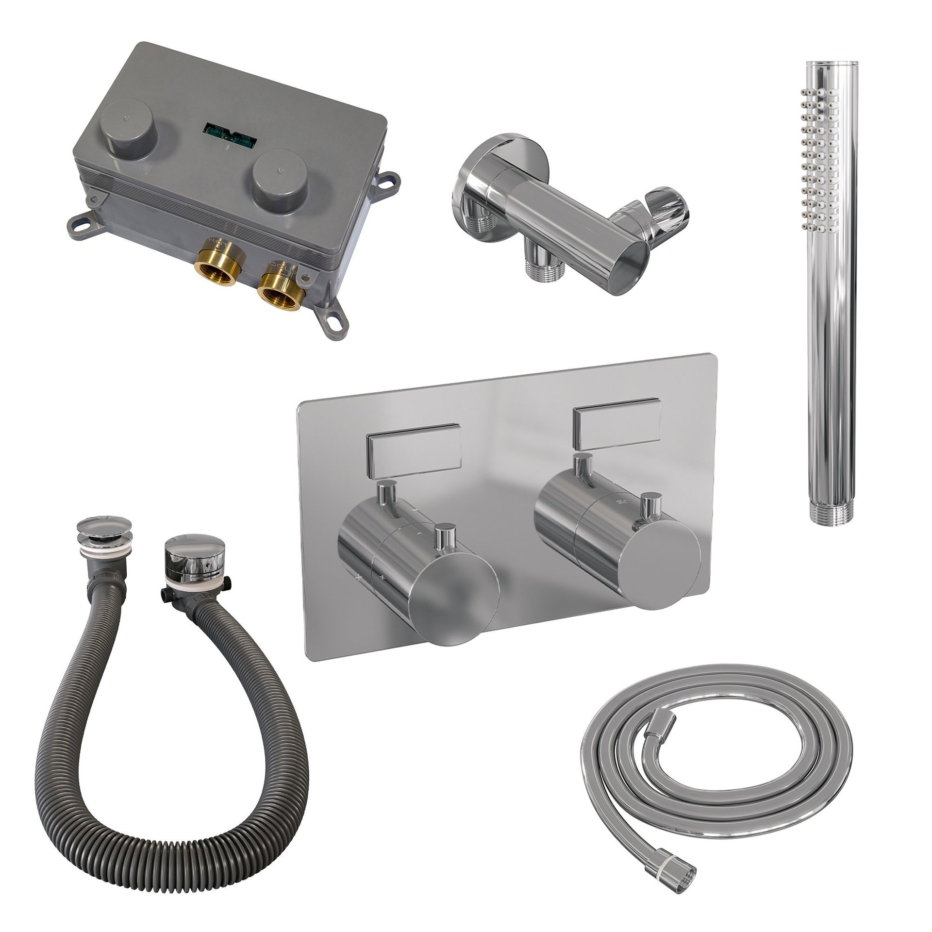 BRAUER Chrome Edition thermostatische inbouw badkraan met drukknoppen SET 03 met badvulcombinatie en staaf handdouche en doucheslang en wandaansluitbocht chroom