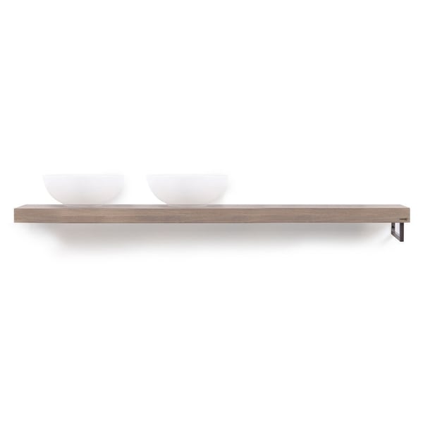 Looox Wooden Base Shelf solo R 200 cm, eiken old grey, handdoekhouders rechts geborsteld rvs