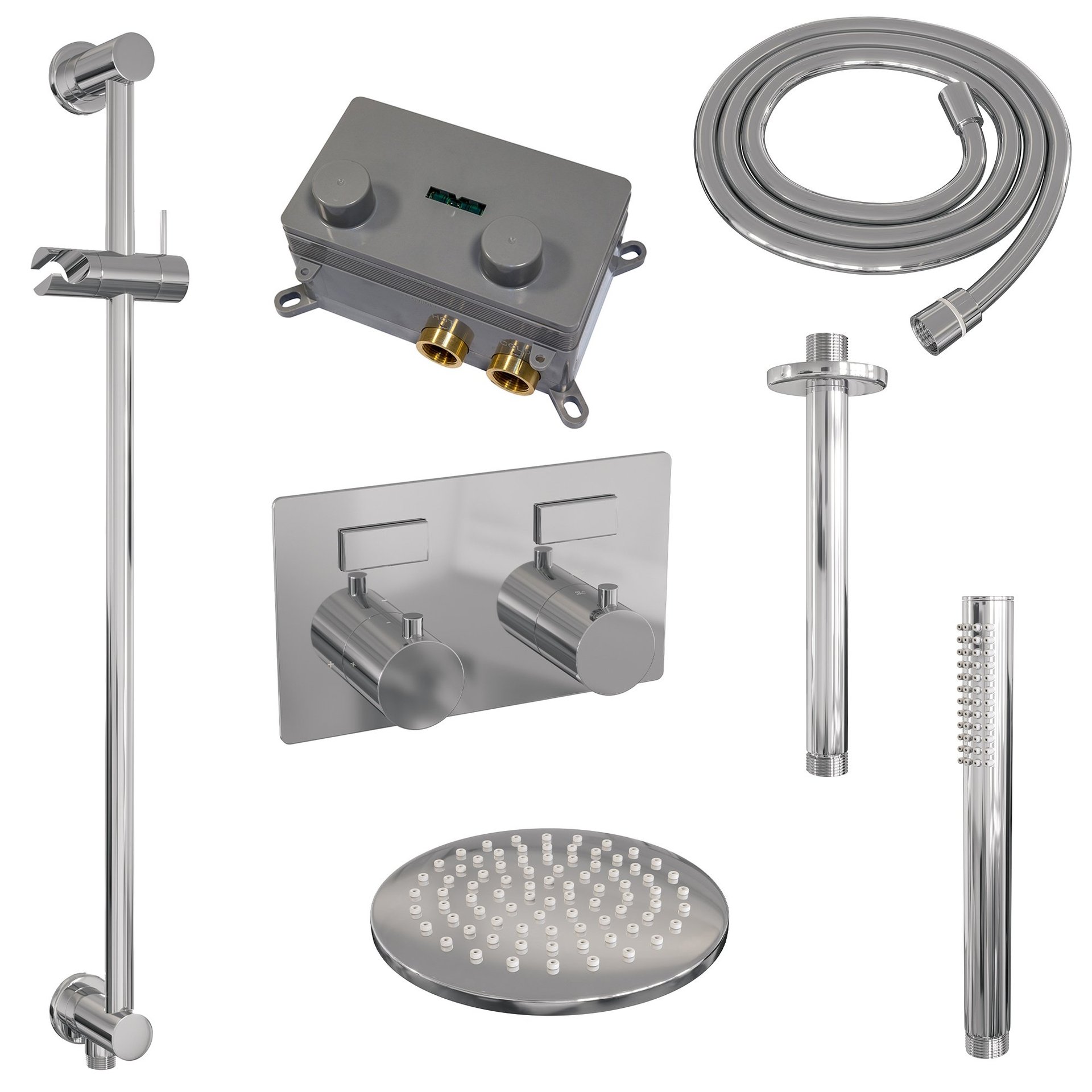 BRAUER Chrome Edition thermostatische inbouw regendouche met drukknoppen SET 65 met 20 cm douchekop en plafondarm en staaf handdouche en doucheslang en geïntegreerde glijstang chroom