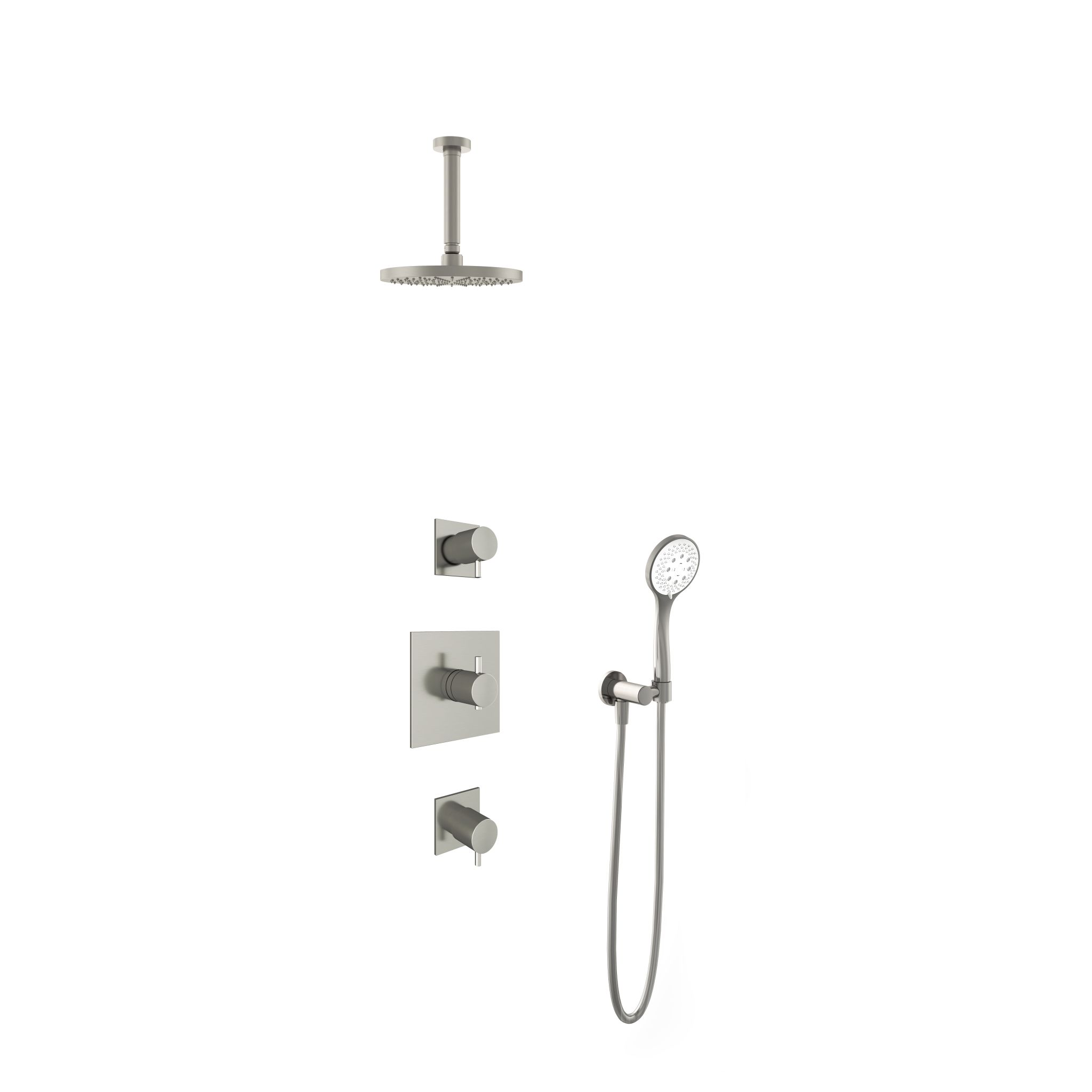 Hotbath Laddy Inbouw Regendoucheset Rond-Vierkant Met 2 Stopkranen, Plafondbuis 15cm, Hoofddouche 20cm En 3-Standen Handdouche Geborsteld Nikkel