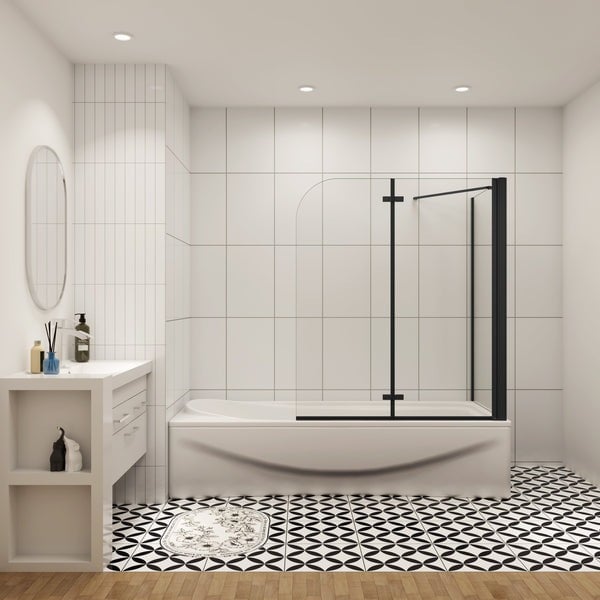 Badwand Black Crocus 2-Delig 100X140 Met Zijwand 75cm 6Mm Helder Glas Antikalk Mat Zwart