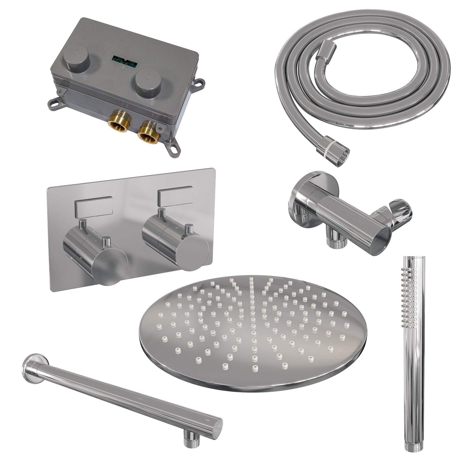 BRAUER Chrome Edition thermostatische inbouw regendouche met drukknoppen SET 50 met 30 cm douchekop en rechte muurarm en staaf handdouche en doucheslang en wandaansluitbocht chroom